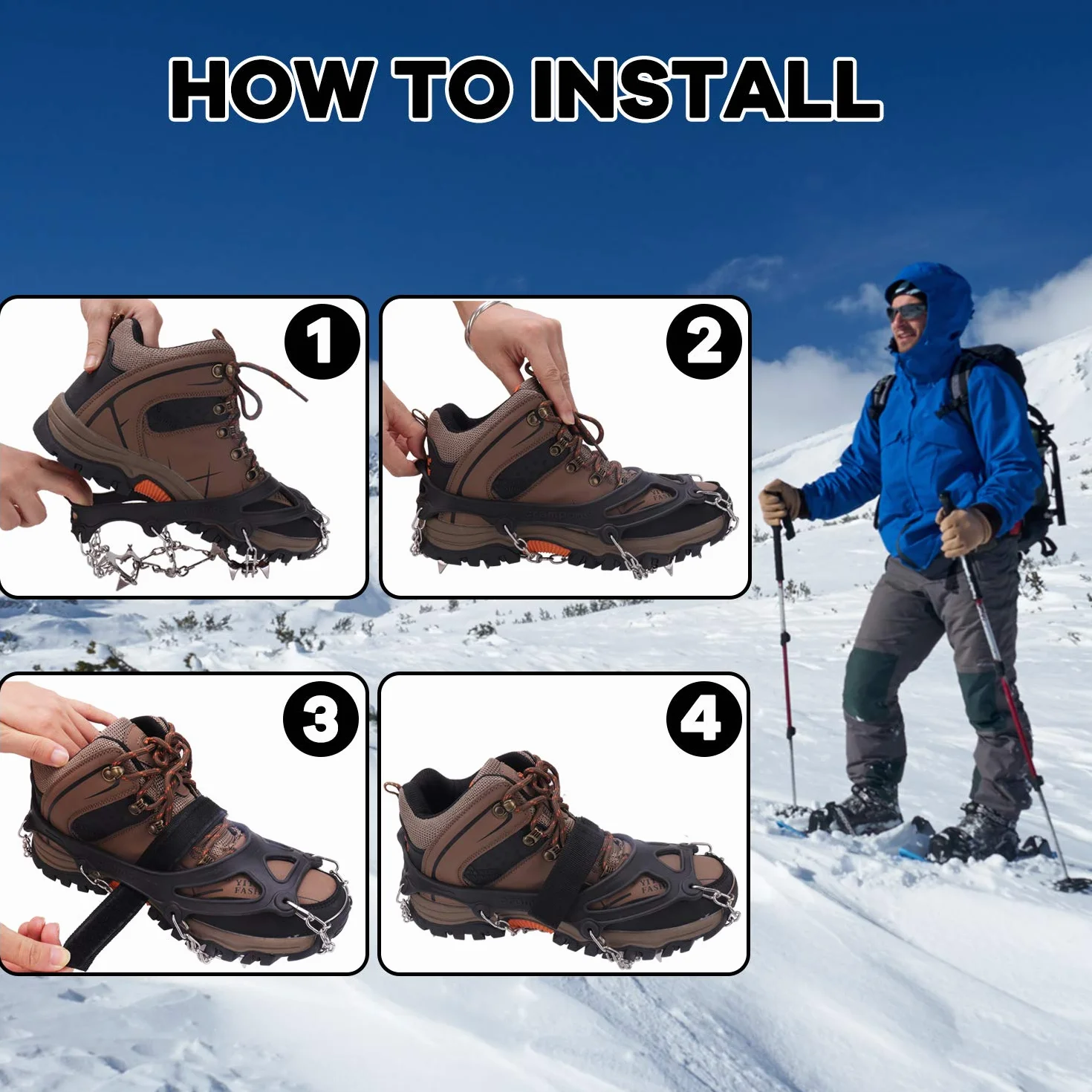 WIN.MAX Crampones, 19 Garras de Dientes Crampones Cubierta Antideslizante de Zapatos con Cadena de Acero Inoxidable para Excursiones Pesca Escalada Trotar sobre Nieve y Hielo