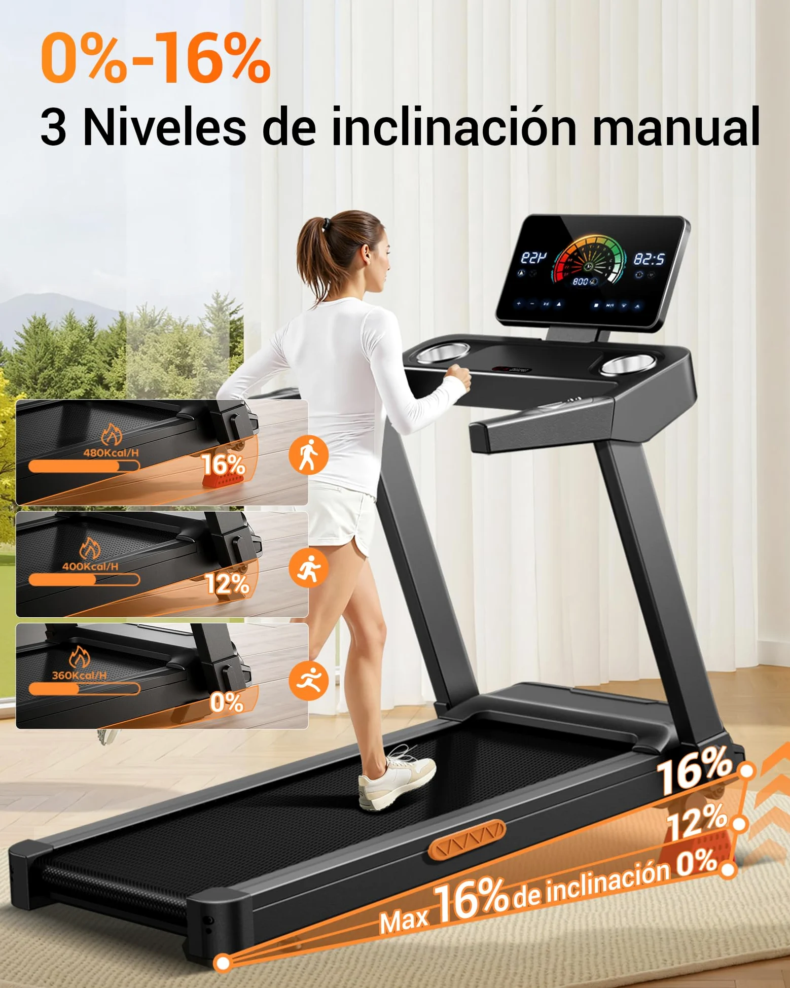 UMAY Cinta de Correr Plegable con Inclinación 16%, 14 KM/H, 3.5HP | Cinta de Andar con Frecuencia Cardíaca, Caminadora Electrica para Casa con Pantalla LED,180kg