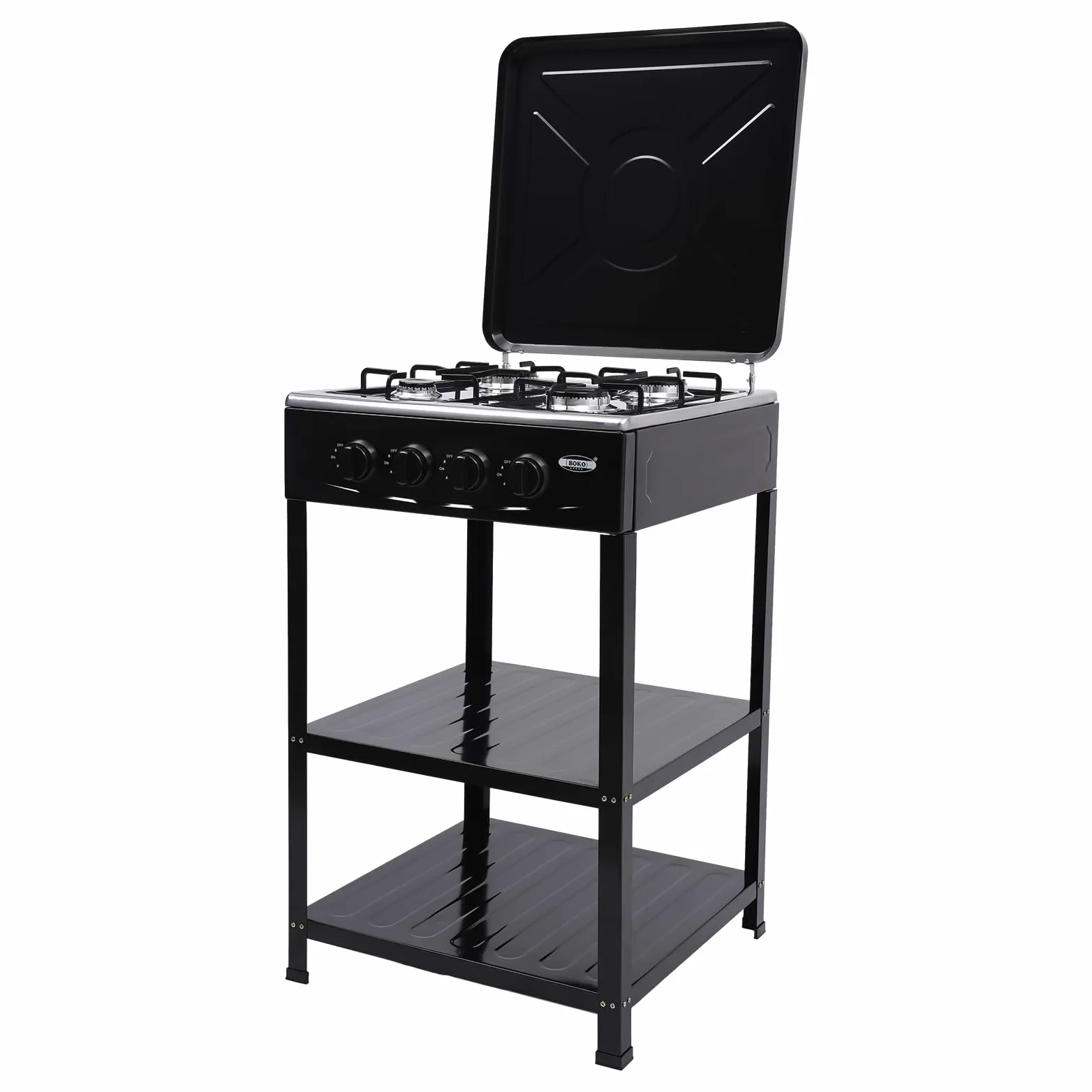 Hornillo de gas 4 fuegos estufa de gas camping negro doble soporte de almacenamiento tamaño 49x49x79cm adecuado para acampar en chimeneas y cocinas exteriores