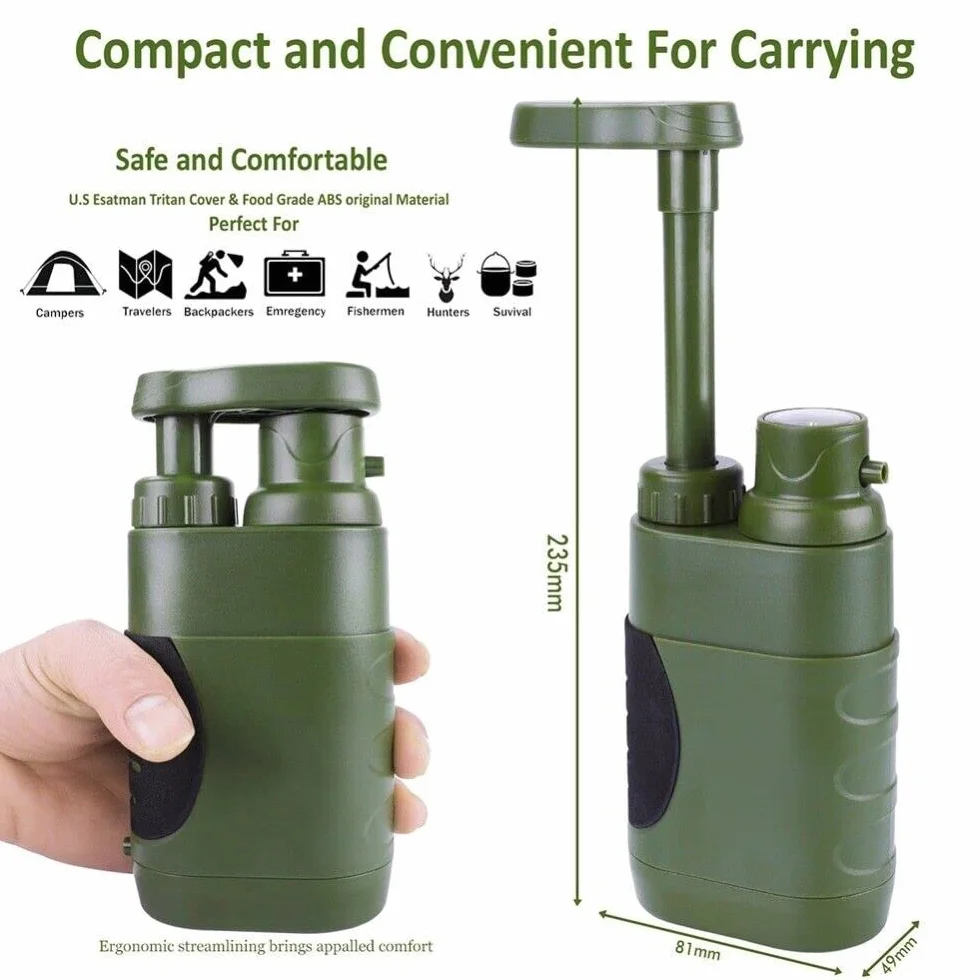Namvo Filtro de agua para exteriores, tratamiento de agua potable, 3000 L, para supervivencia y camping, para equipo de emergencia, color verde militar