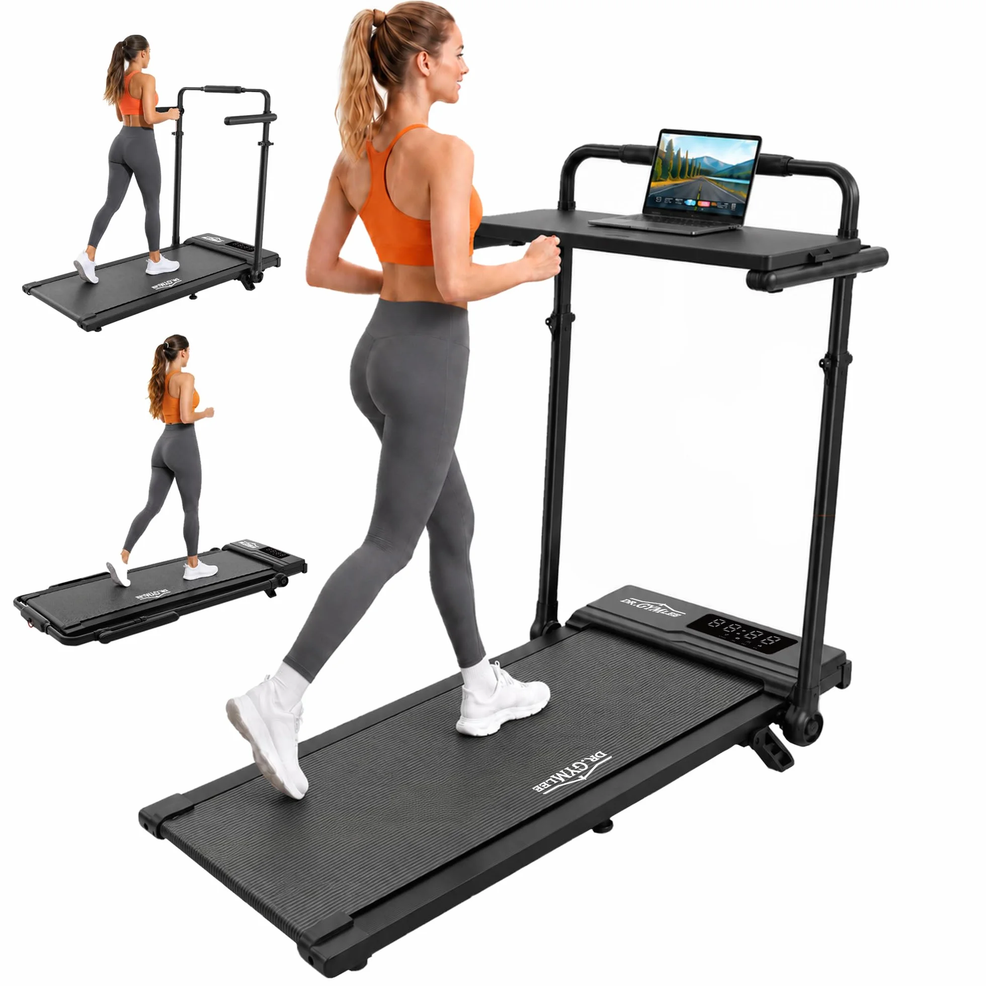 Walking Pad 3 en 1 con 7% Inclinación, Cinta Plegable Bajo Escritorio 1–12 km/h para Oficina en Casa, Manillar Ajustable y Mesa Extraíble, Motor Silencioso 2,5 HP