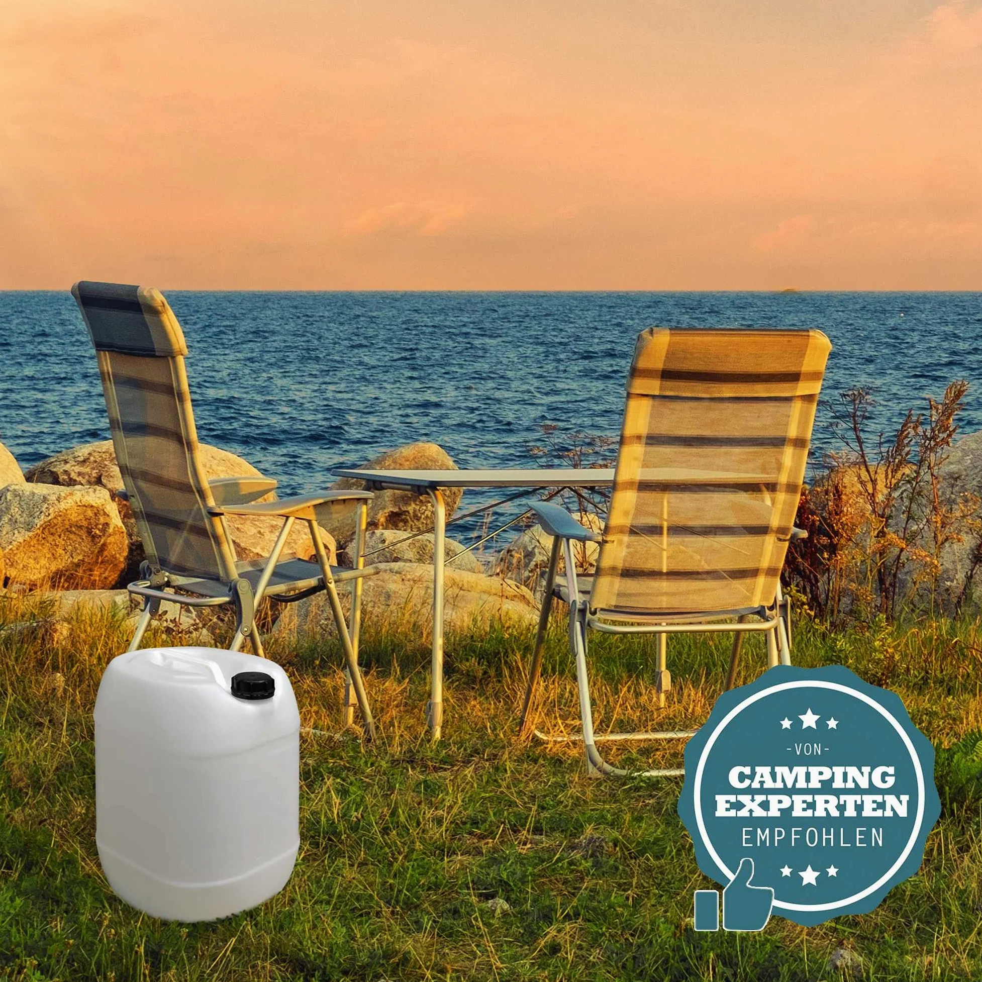 plasteo® Juego de 6 bidones de agua para bebidas, 30 litros, con tapas de rosca y 1 grifo de vertido (DIN 61), apto para alimentos, portátil y robusto, interior y exterior, sin BPA, fabricado en