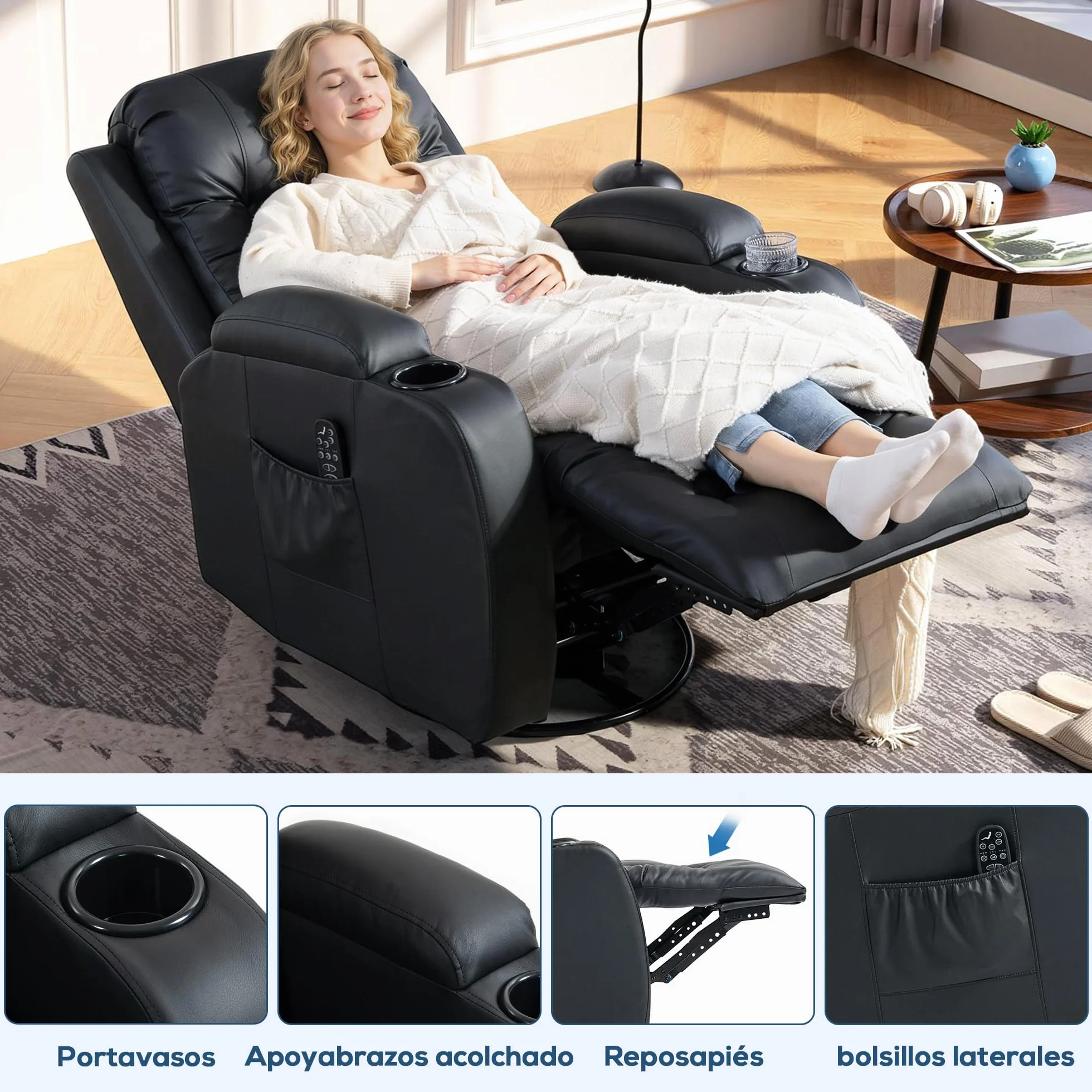 HOMCOM Sillón de Masaje Giratorio 8 Puntos Masaje Vibrante Reclinable Calefacción Lumbar Mando a Distancia 85x94x104 cm Negro