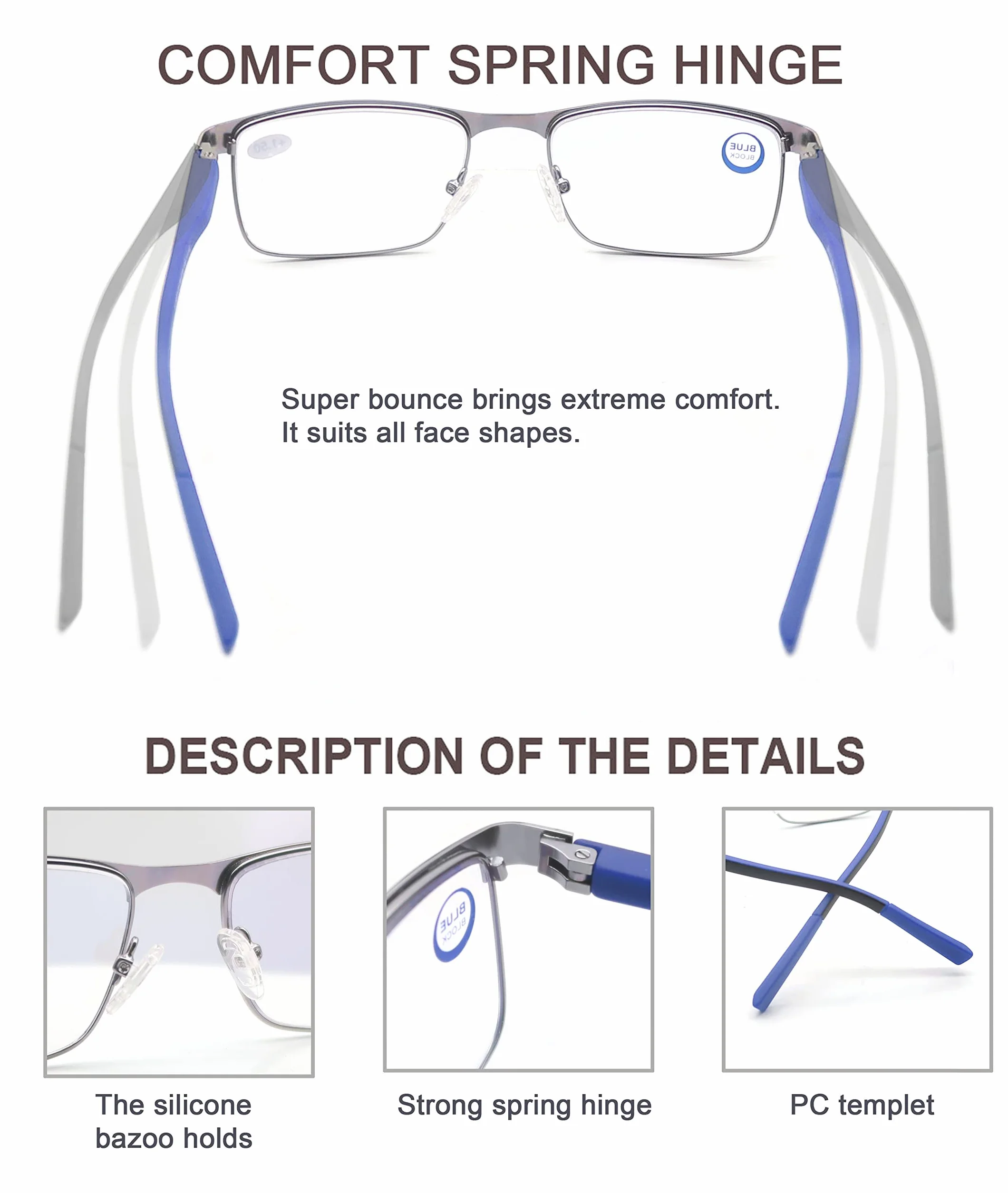 MODFANS Pack de 3 Gafas de Lectura Anti Luz Azul Rectangular Metal Acero Inoxidable Lente Clara