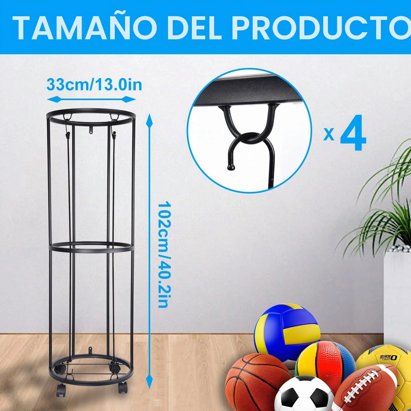 Rack Vertical de balones de 2 Niveles con Ruedas, Estante de Almacenamiento de balones Deportivos, Organizador de Almacenamiento de balones Deportivos para Garaje Que Ahorra Espacio