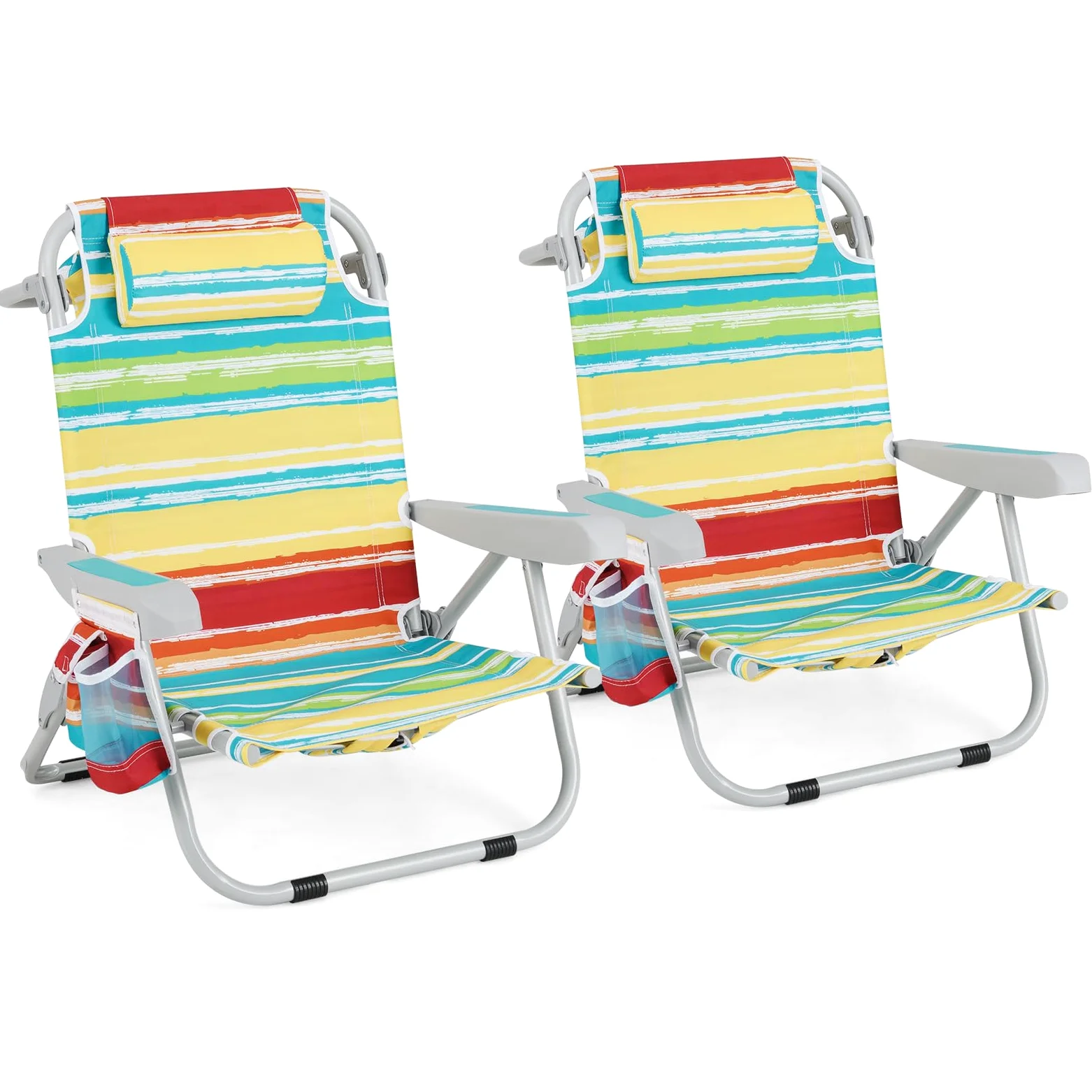 GIANTEX Silla de Playa Plegable con Bolsa de Almacenamiento, Bolsillos Laterales, Reposacabezas y Soporte para Toallas, Respaldo Ajustable 5 Niveles (2, Rayas Coloridas, 65 x 66 x 78 cm)