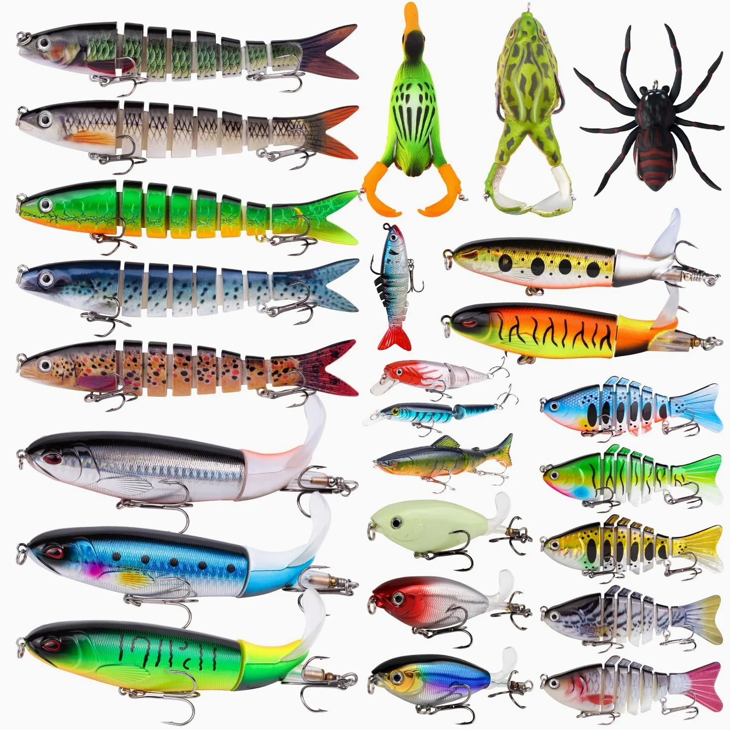 TSKS Kit de 25 señuelos de pesca para lubina, lucio, pez lucio, trucha, lucioperca, trucha, incluye cebos multiarticulados, pato, araña, ranas, peces suaves y con hélice giratoria flotante, señuelos