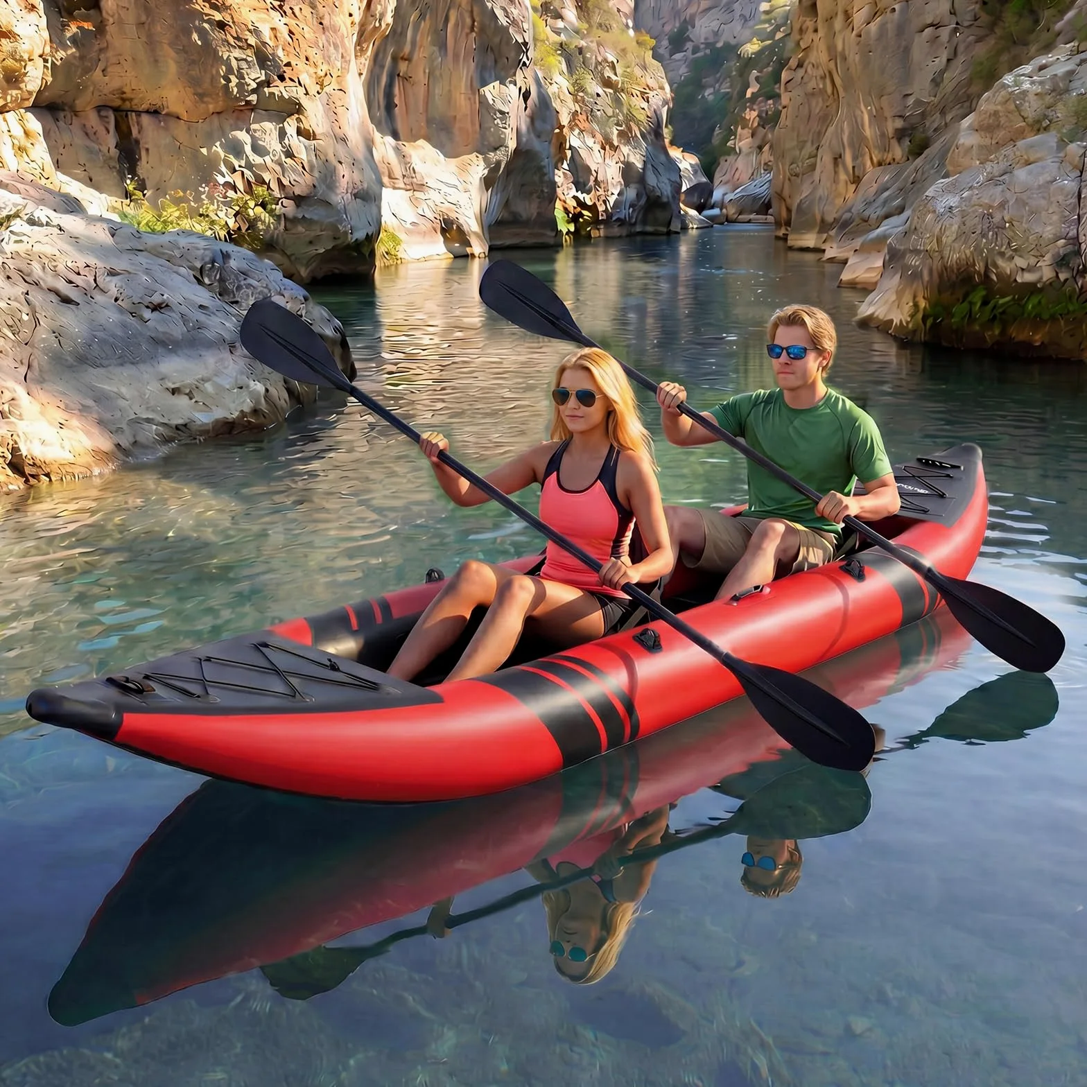 GYMAX Kayak Inflable, Kayak tándem de 12.5 pies y 230 kg con 2 paletas de Aluminio, 2 Asientos Acolchados, reposapiés, 2 Aletas, Bomba de Mano, Bolsa de Transporte y Kit de reparación, Kayak de Pesca