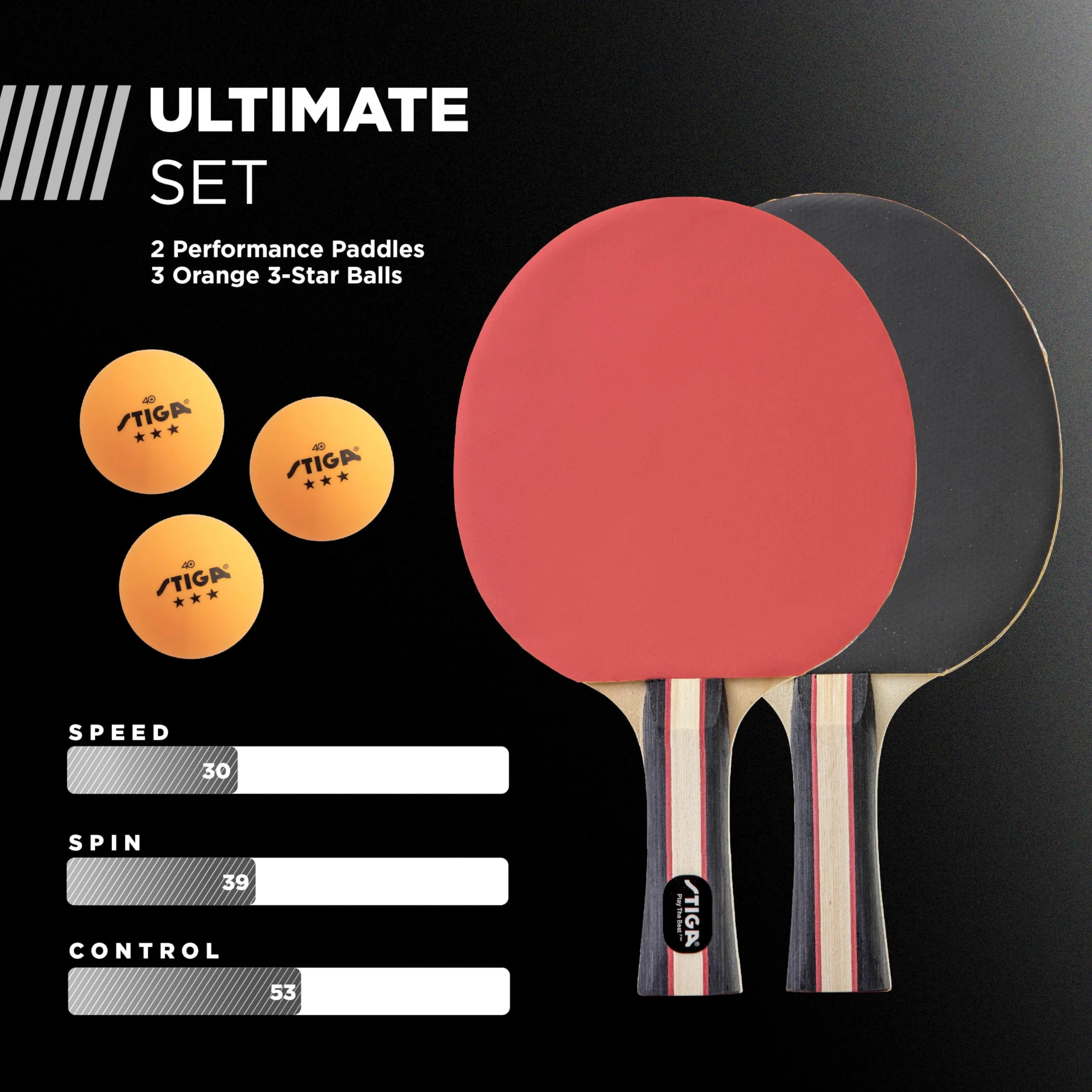 STIGA Performance - Juego de Ping Pong para 2 Jugadores, 2 Raquetas de Tenis de Mesa, 3 – 3 Bolas Naranjas de Estrellas Incluidas
