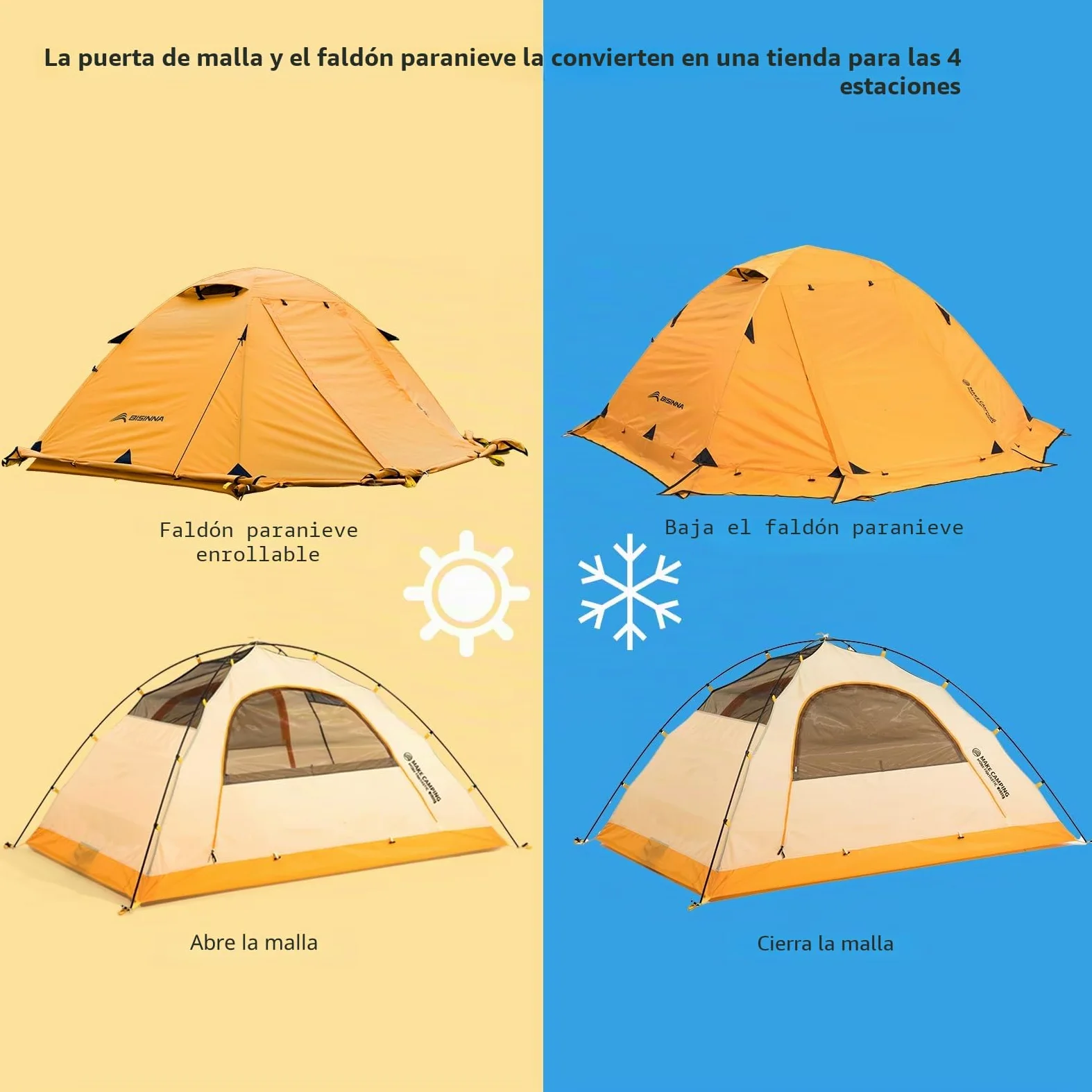 BISINNA Tienda de campaña para 4 Estaciones para mochileros, Tiendas de campaña de Invierno para 2 Personas, Tiendas de campaña Ligeras para Clima frío, Impermeable, Doble Capa, para Todas Las