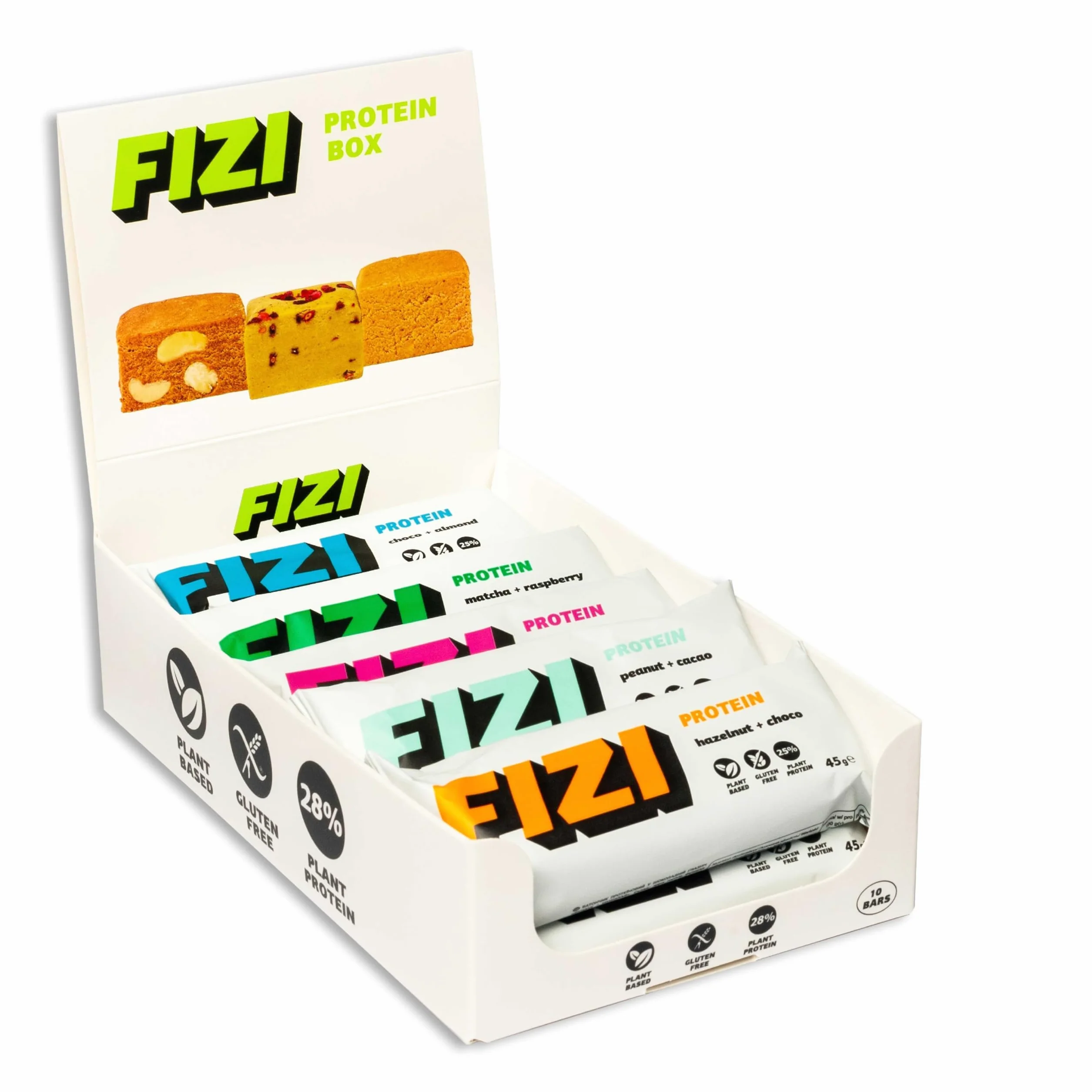FIZI Protein Bar Pack Variado 10 x 45 g Barritas Proteicas Veganas Sin Gluten Lactosa Azúcar Añadido Snack Proteico Surtido