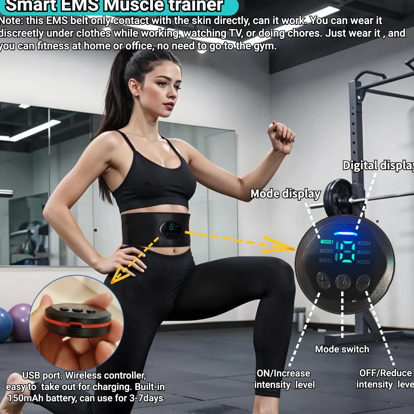 Estimulador Muscular EMS - Cinturón Abdominal Portátil con 6 Modos/18 Niveles para Hombres y Mujeres, Recargable por USB, Dispositivo de Tonificación y Entrenador de ABS con Pantalla Digital