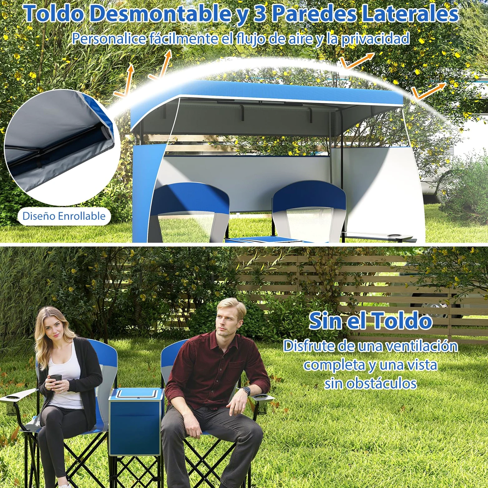 GOPLUS Silla de Playa con Dosel Ajustable, Silla Plegable de Camping Sobredimensionada con Sombra Enrollable, Bolsa Enfriadora, Portavasos, Bolsa de Transporte, para 2 Personas (Azul)