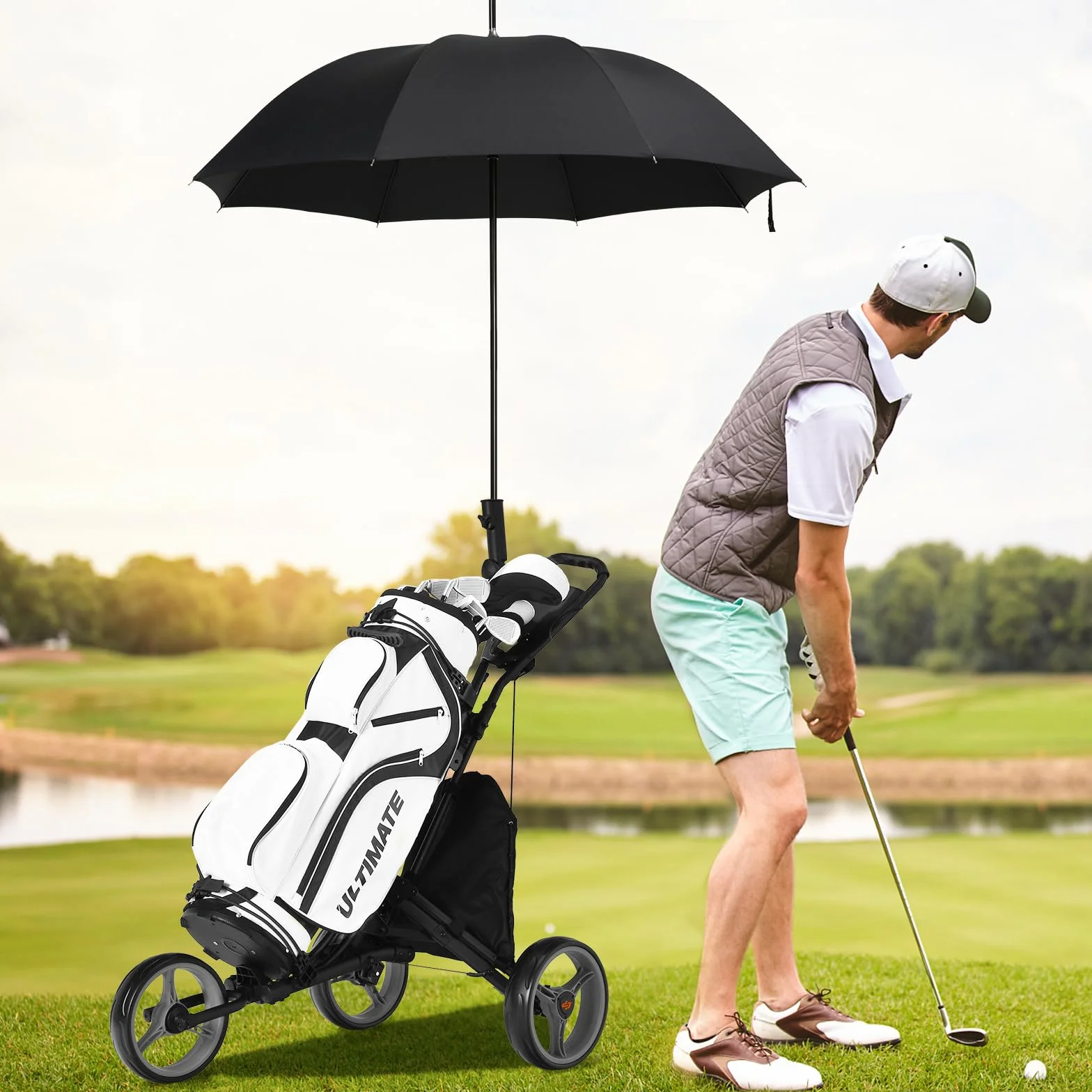 GYMAX Carro de Golf Plegable 3 Ruedas con Asa Ajustable, Soporte Paraguas y Portavasos