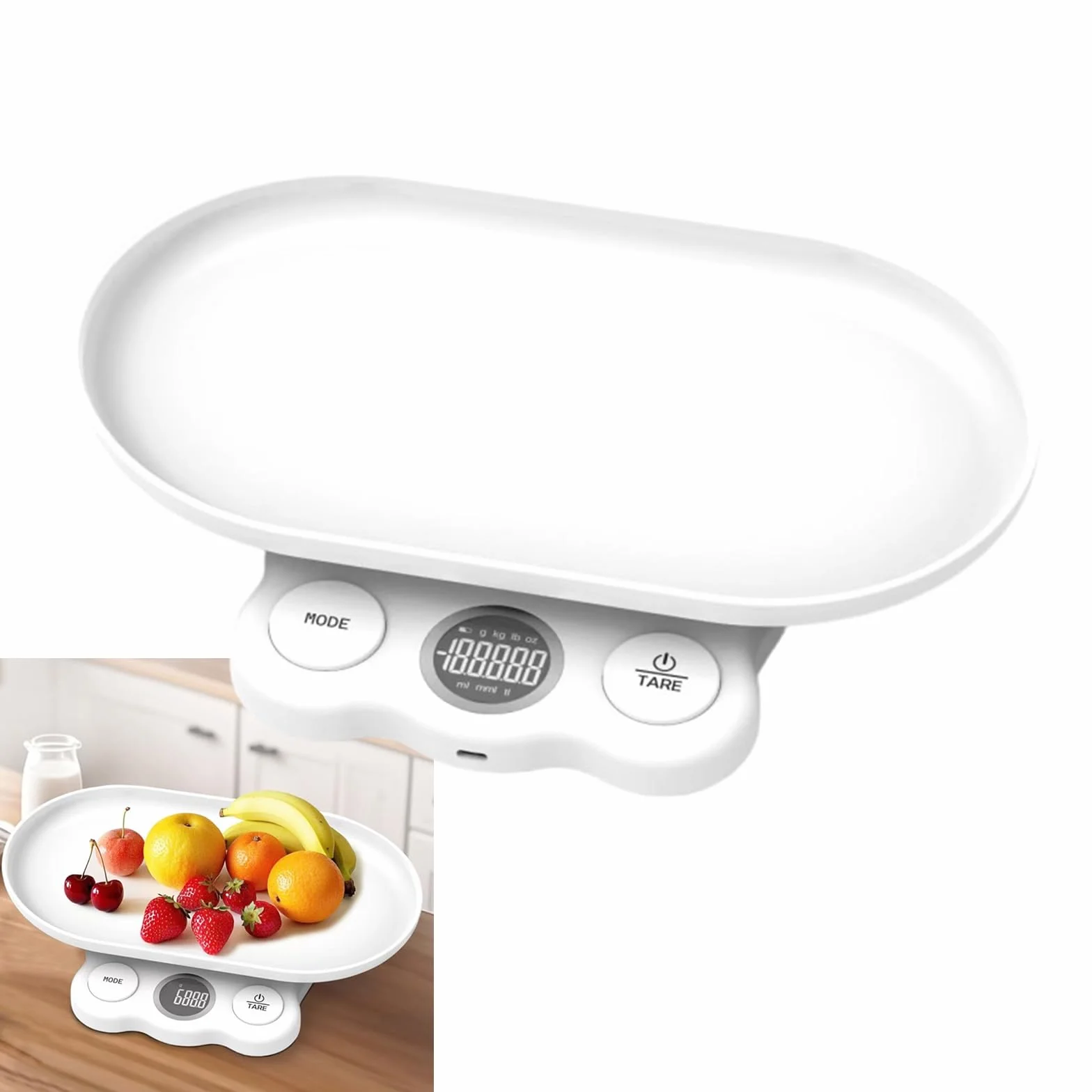 Báscula para bebés y mascotas con bandeja desmontable, bloqueo automático, 5 kg, ABS