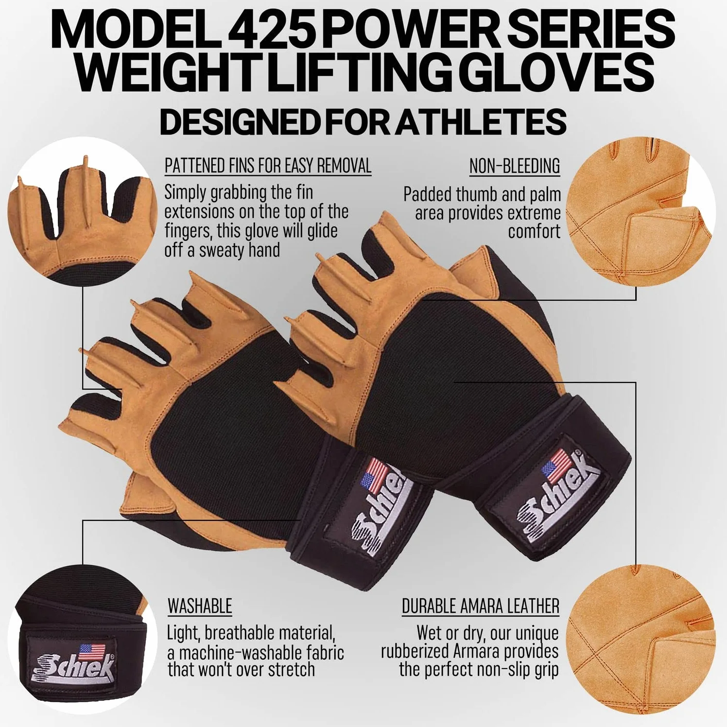 Schiek - Guantes de cuero con muñequera Power Series - 425 - XL ExtraGrande