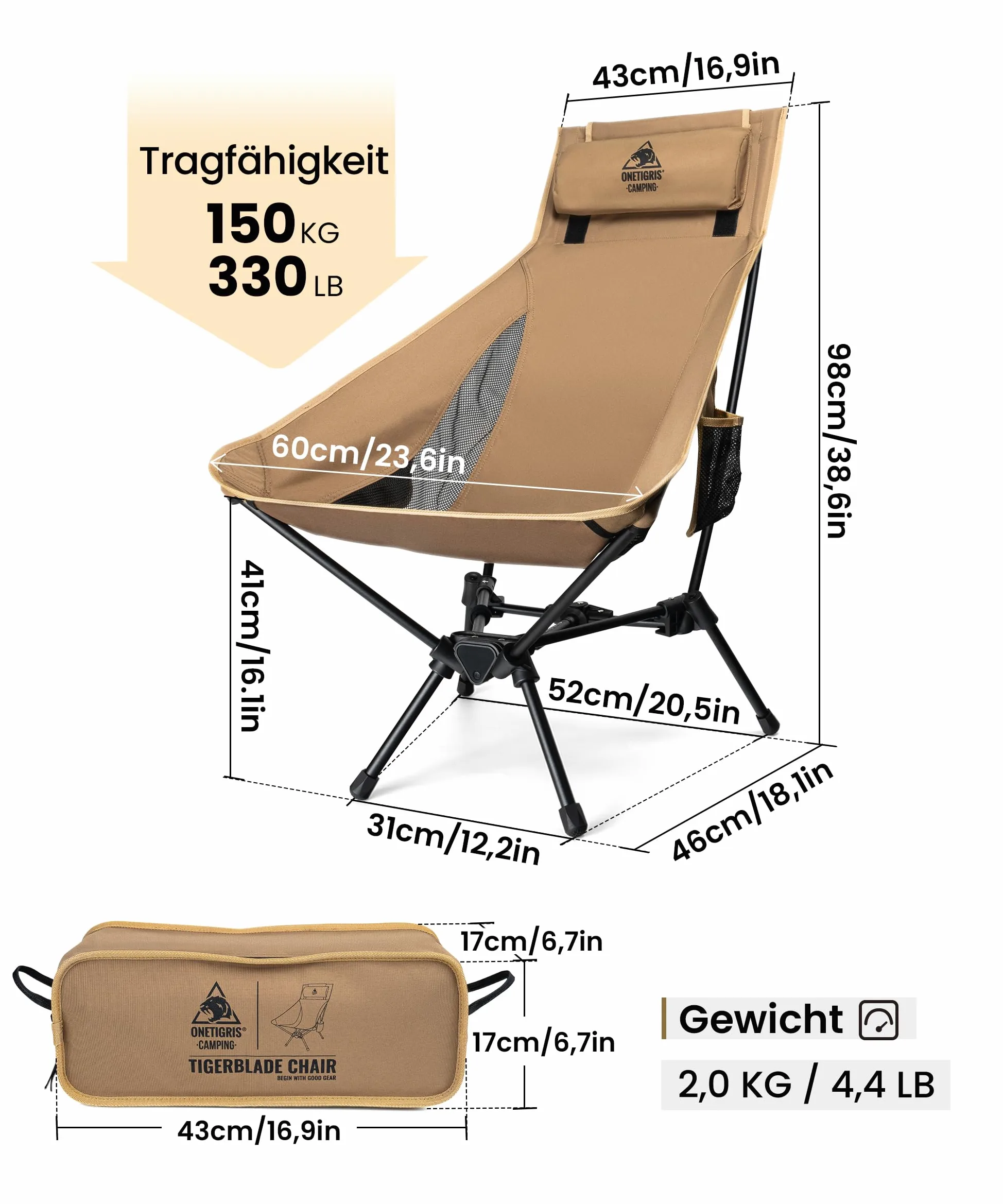 OneTigris TIGERBLADE Silla de Camping con Respaldo Alto, 170 kg, Ligera con Marco Triangular y 2 Bolsillos Laterales, Ultraligera