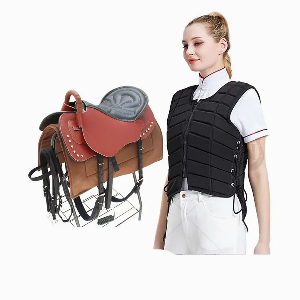 Conjunto de Silla de Montar Ecuestre Protector de Espalda Chaleco de Entrenamiento de equitación Protector de Espalda Equitación con amortiguación Deportiva Acolchado para niños y Adultos Sillines de