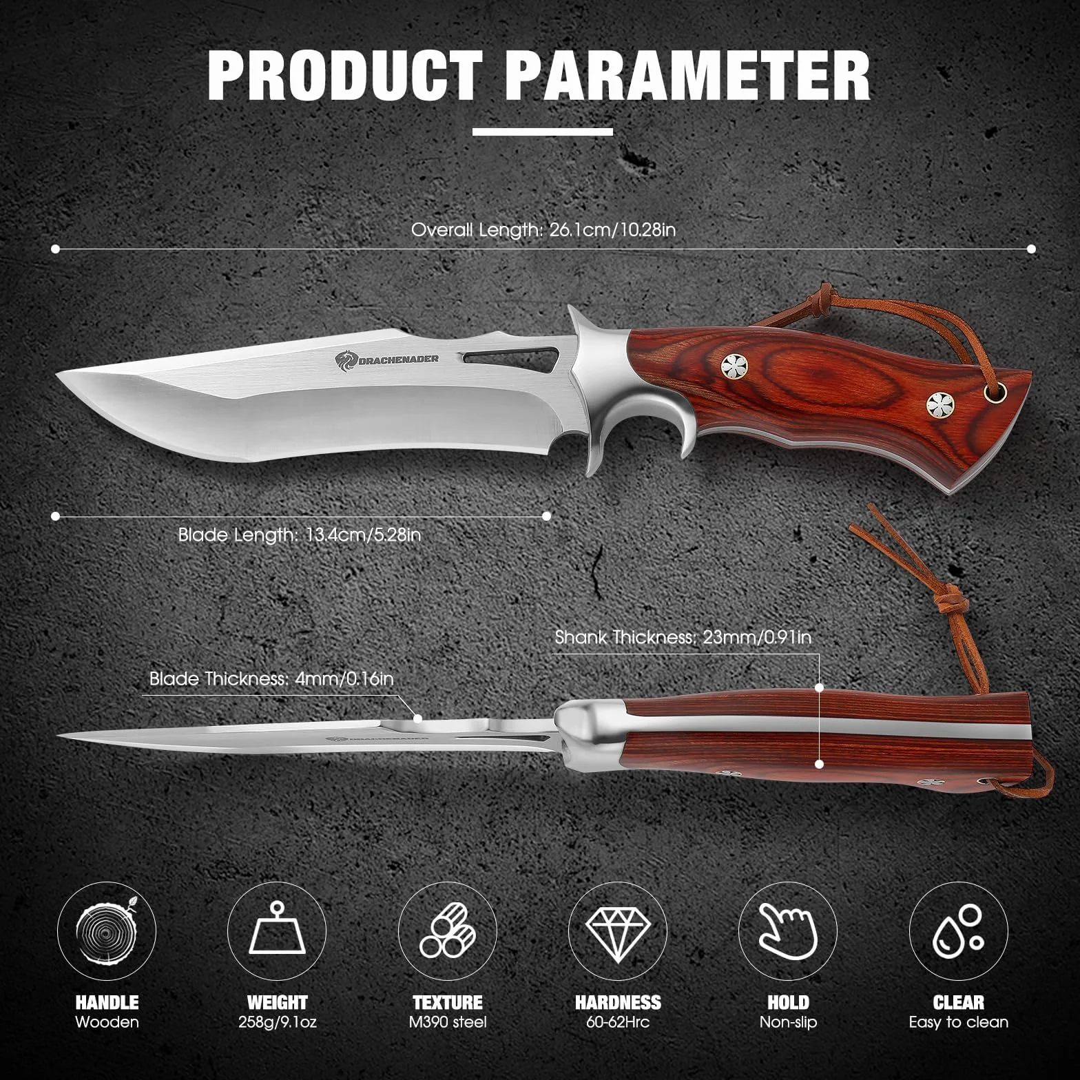 DRACHENADER cuchillo de cinturón cuchillo de supervivencia cuchillo de caza cuchillo grande, muy afilado bushcraft hoja fija con funda de cuero genuino, mango de madera
