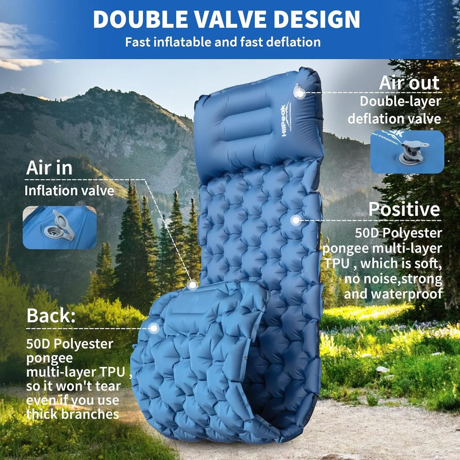 HiiPeak Esterilla portátil Inflable con Almohada y Bomba de pie, Colchoneta Camping de Dormir para Senderismo Ultraligero en Azul para Camping, Viajes y Senderismo