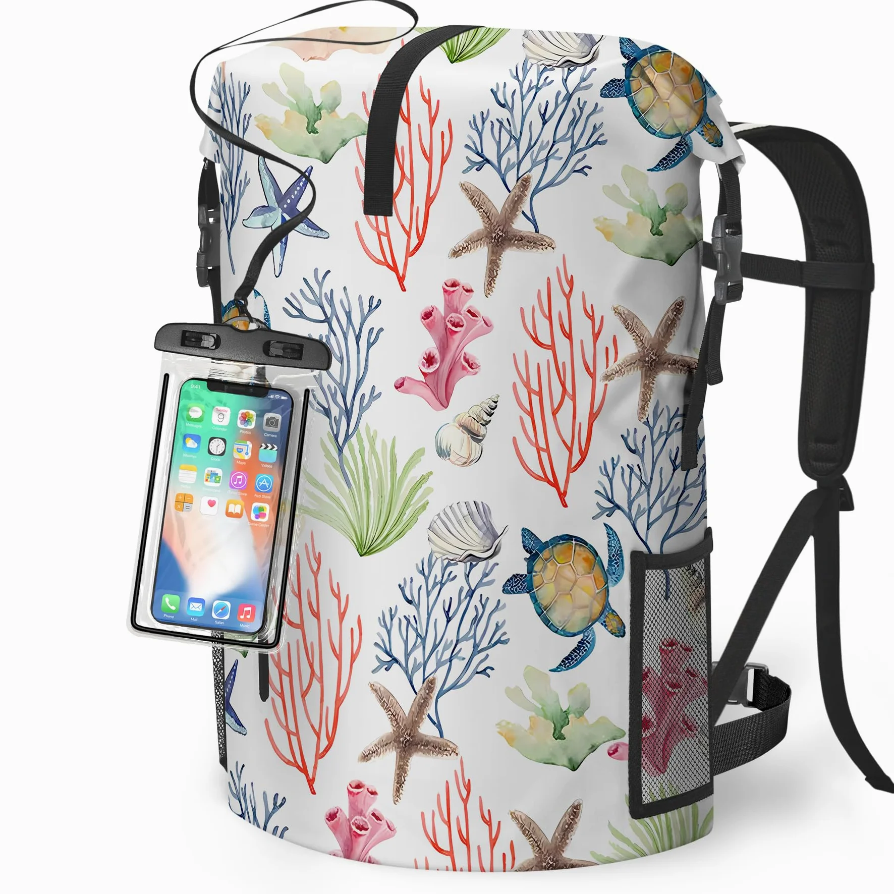 Bolsa seca impermeable resistente para kayak, senderismo, tortuga marina, coral, náutica, estrella de mar, mochila con cierre enrollable, funda impermeable para teléfono 35L/55L/85L