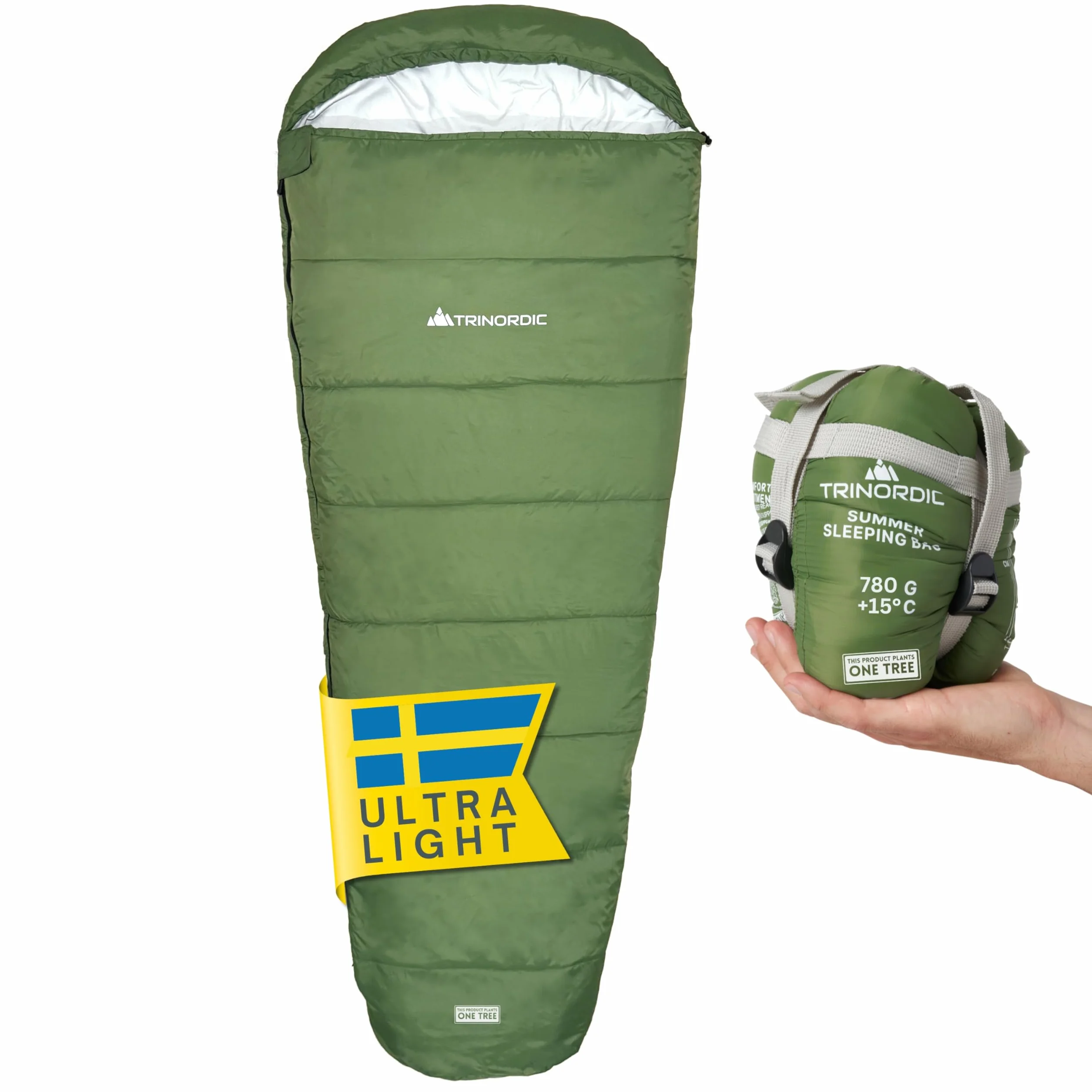 Trinordic Saco de Dormir Ligero – con Cremallera Anti-Enganches – Sacos de Dormir Adulto, Compactos y Ultraligeros para Senderismo, Mochilero, Aventuras en Bicicleta y Acampada