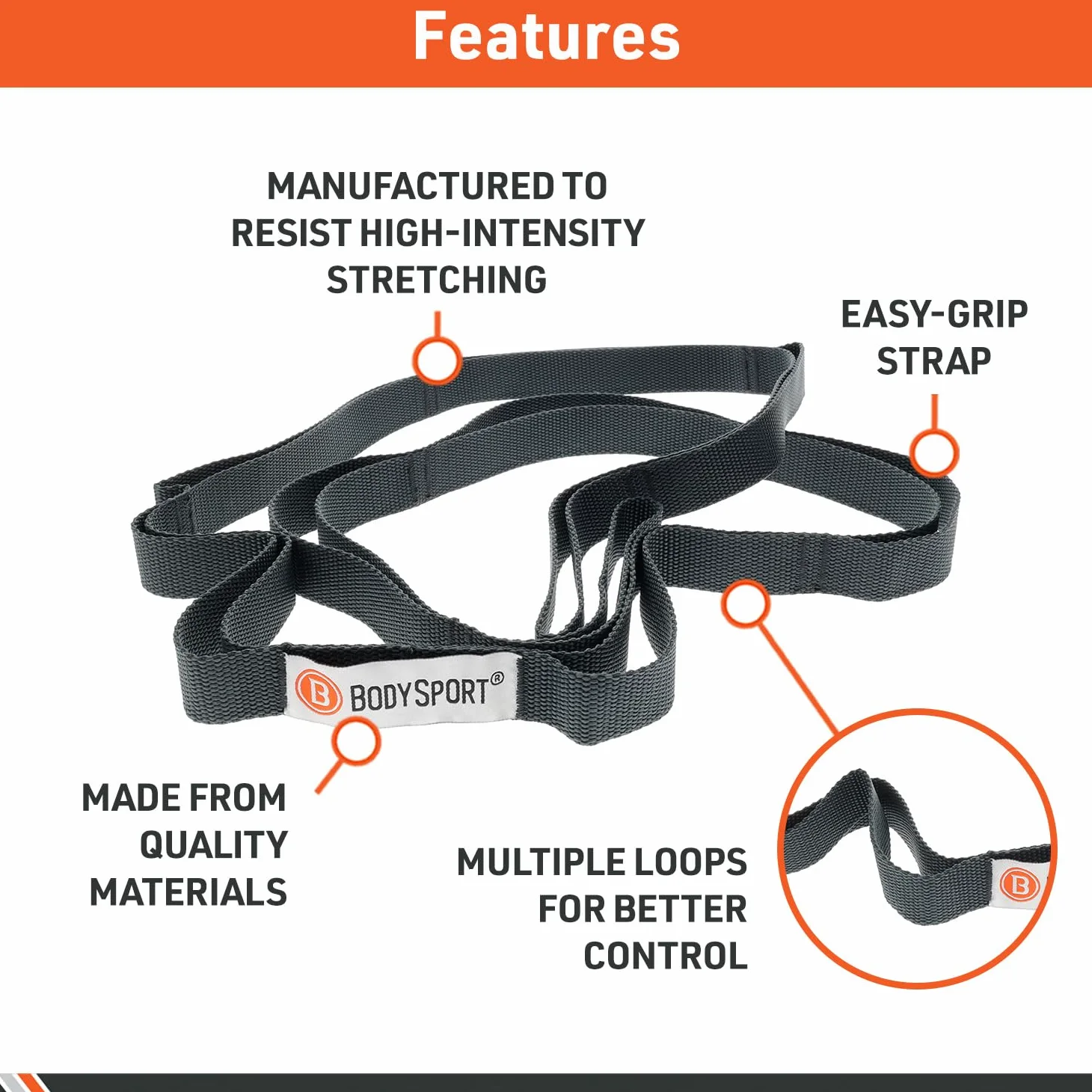 Body Sport Correa elástica estática - Correa elástica tejida duradera con bucles para ejercicios de yoga y gimnasio en el hogar - Para estiramientos previos y posteriores al entrenamiento - Correa