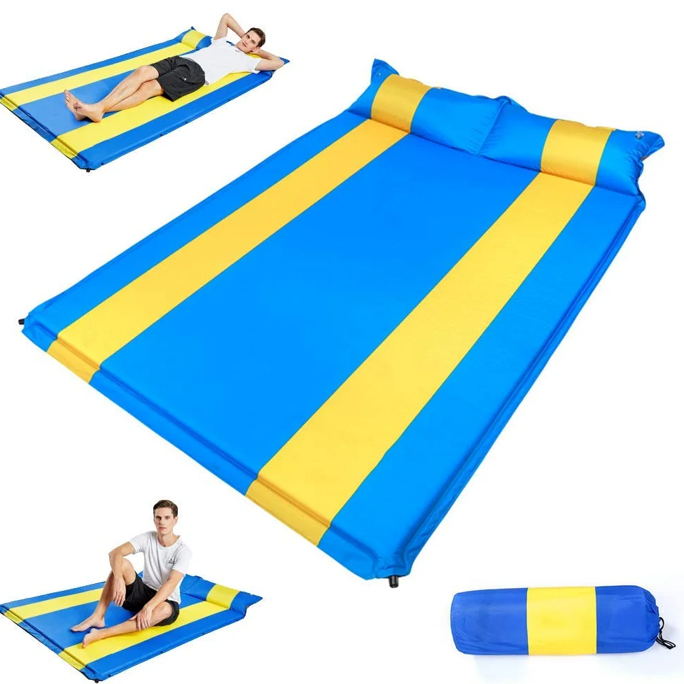 Doble Almohadilla Autoinflable, Colchoneta para Acampar Al Aire Libre con Almohada, Colchón De Espuma A Prueba De Humedad De 3 Cm, Colchón De Aire, Diseño De Costuras, para Caminar, Viajar