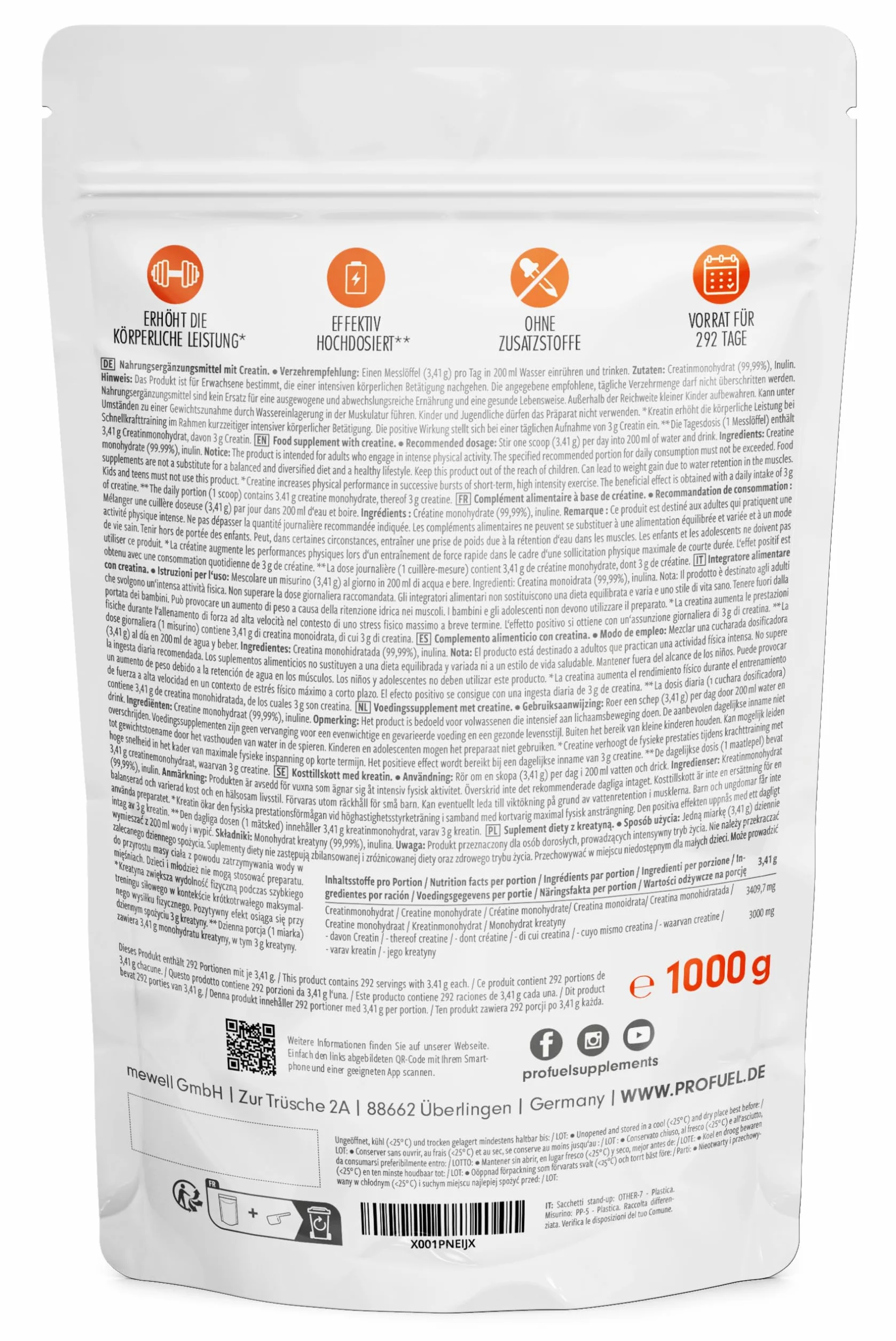 Creatina monohidratada en polvo 1kg calidad micronizada pura vegana