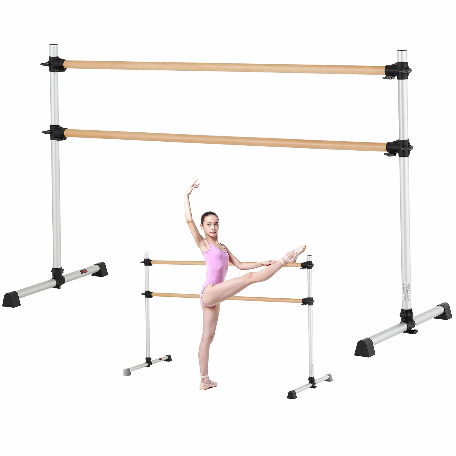 VEVOR Barra de Baile Doble Altura Ajustable 170-1165 mm Madera para Ballet Ejercicios 1840 x 760 x 1180 mm Plata