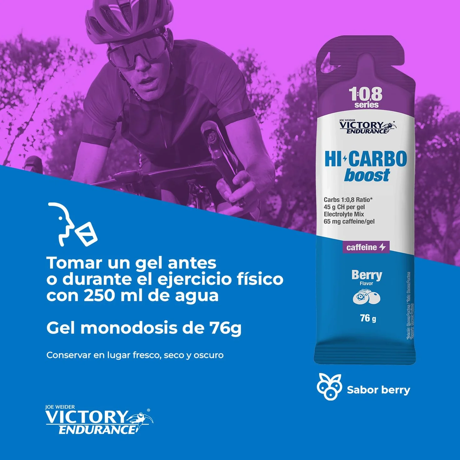 Victory Endurance HI Carbo Boost Gel 1:0,8 Series (12x76g) Sabor Frutos Rojos Con Cafeína, Alto en Carbohidratos 45g/gel, 200mg sodio/gel