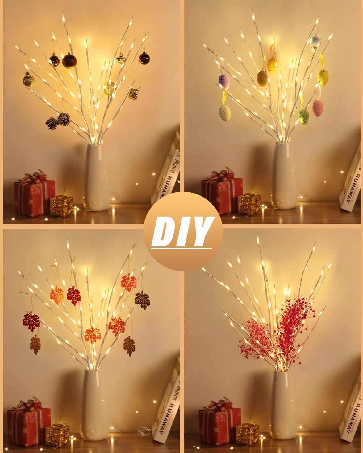 Kinamy Juego de 3 Ramas de Luz LED 60 LED 8 Modos Luces Arbol Navidad Control Remoto Temporizador