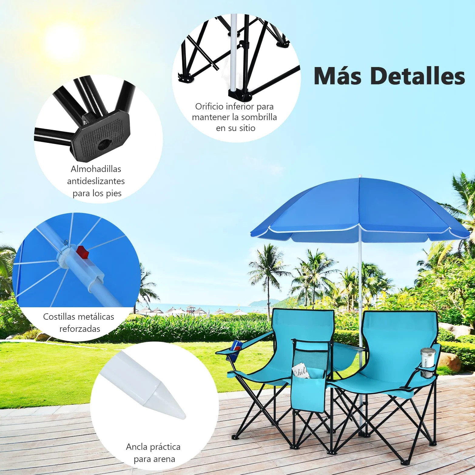COSTWAY 2 Sillas de Camping con Sombrilla, Sillas Playas Plegables Doble, Portavasos, Bolsa Nevera, Bolsilla Lateral, Bolsa de Transporte, Exterior Picnic Senderismo Barbacoa, 160x56x178cm (Verde)