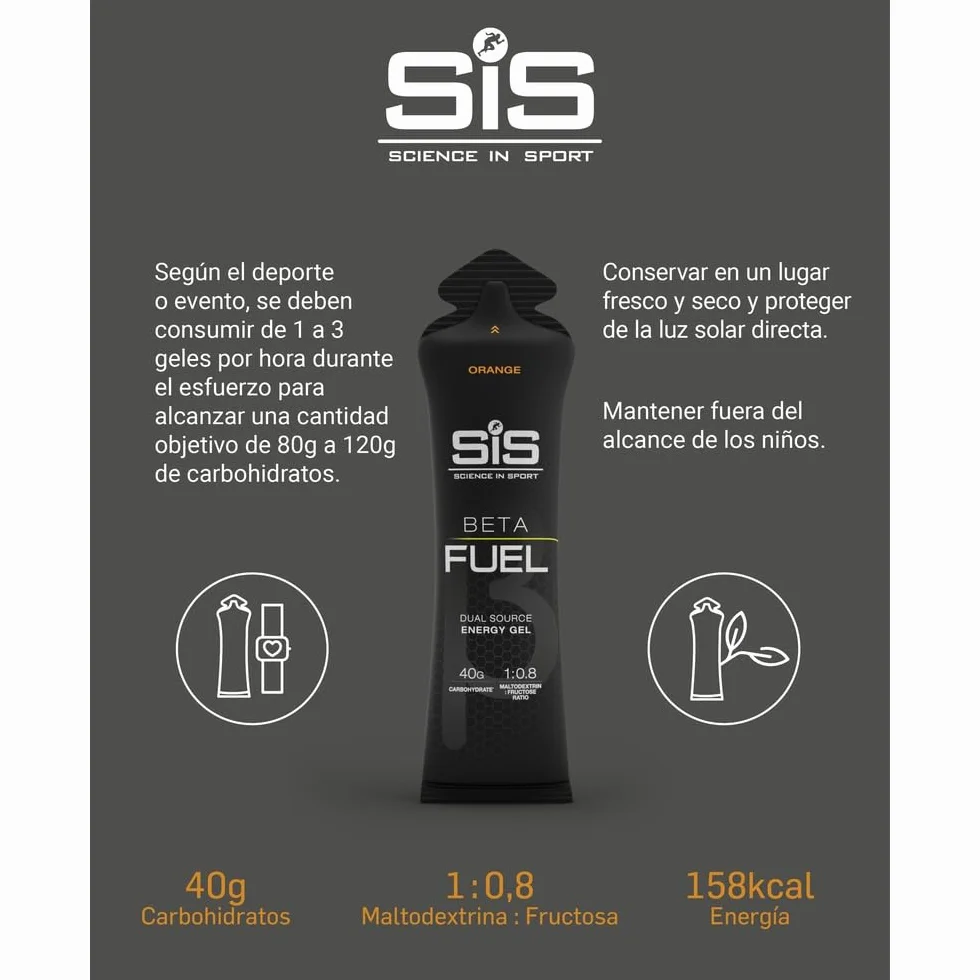 Science in Sport Beta Fuel Gel Energético Doble Fuente 30 x 60ml Naranja Vegano 40g Carbohidratos 1:0.8
