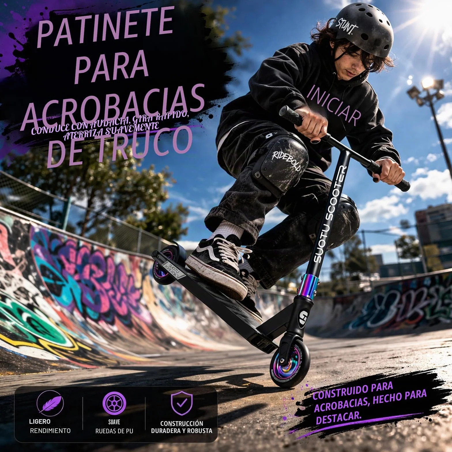 Patinete Freestyle, Dirección de 360°, Ruedas de PU de 85A 100 mm, Scooter Freestyle para Niños Adolescente y Adultos, Capacidad Máxima de Carga: 100 kg, Aluminio