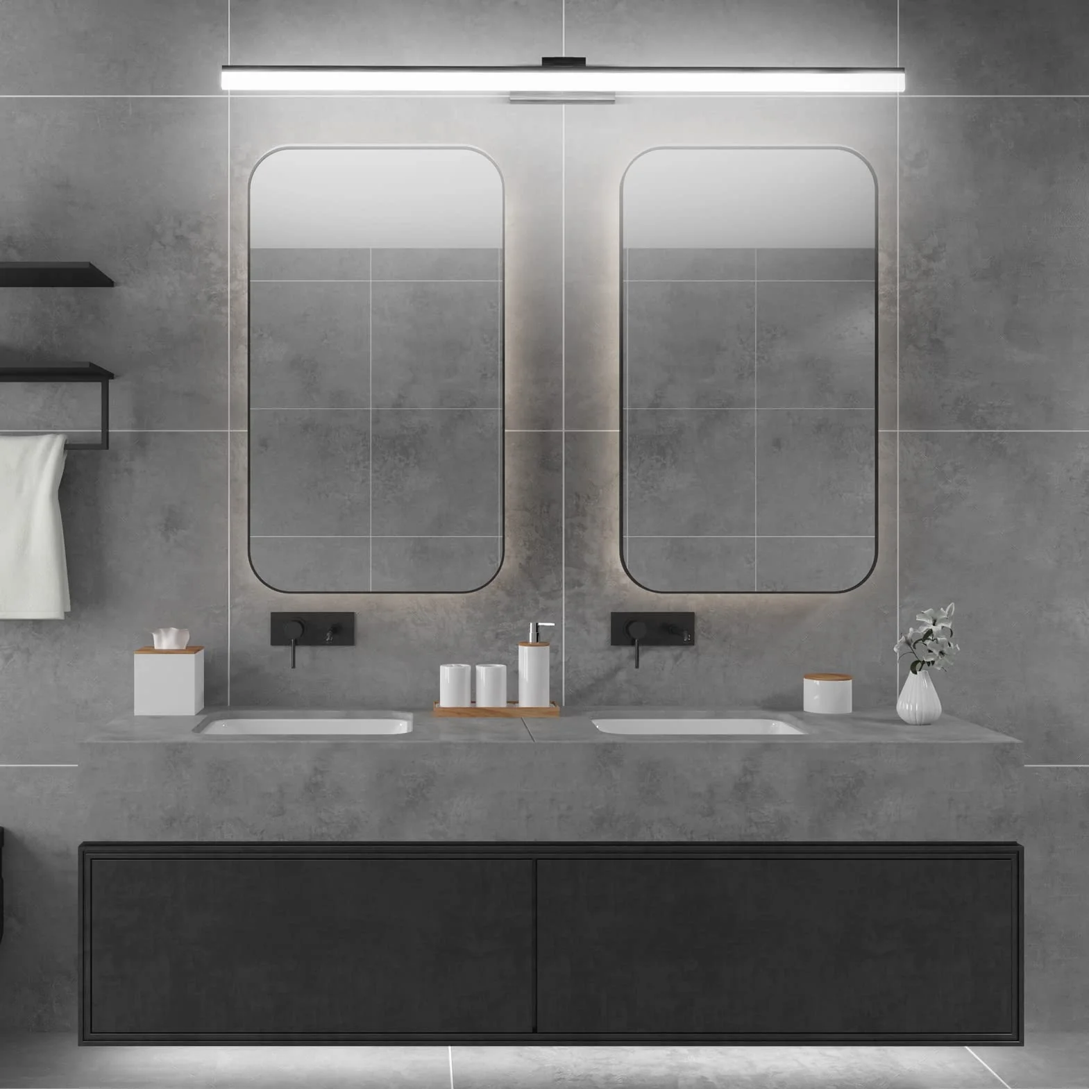 Klighten Lámpara de Espejo Baño 100CM 28W Blanco Frío 6000K 1560LM No-regulable Negro