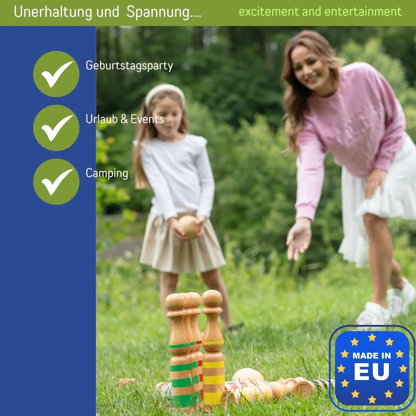 GICO Juego de Conos de Bolos de Madera para niños y Adultos, diversión en Interiores y Exteriores, con Productos de Calidad de Madera Maciza, 24 cm – 3018