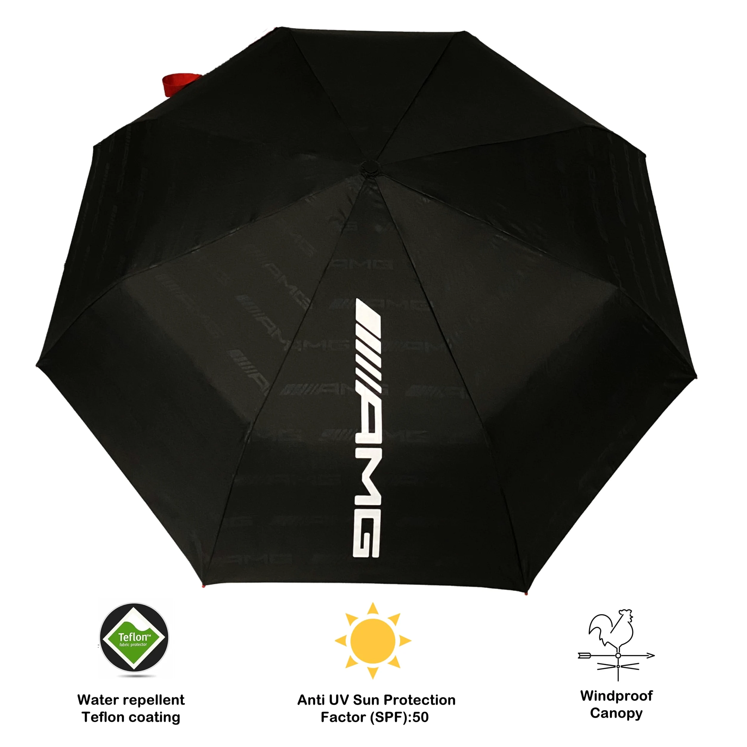 Paraguas Plegable AMG Auténtico – Antiviento, Apertura y Cierre Automáticos, Compacto de Viaje, Diseño Negro y Rojo Premium, Resistente y Ligero para Todo Clima