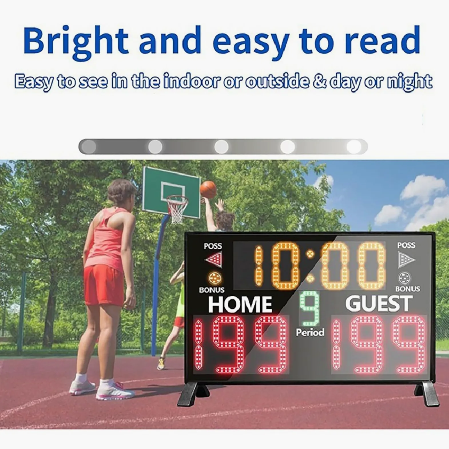 Marcador digital LED de baloncesto con control remoto, montado en mesa o pared, reloj temporizador, función de zumbador, 5 niveles de brillo