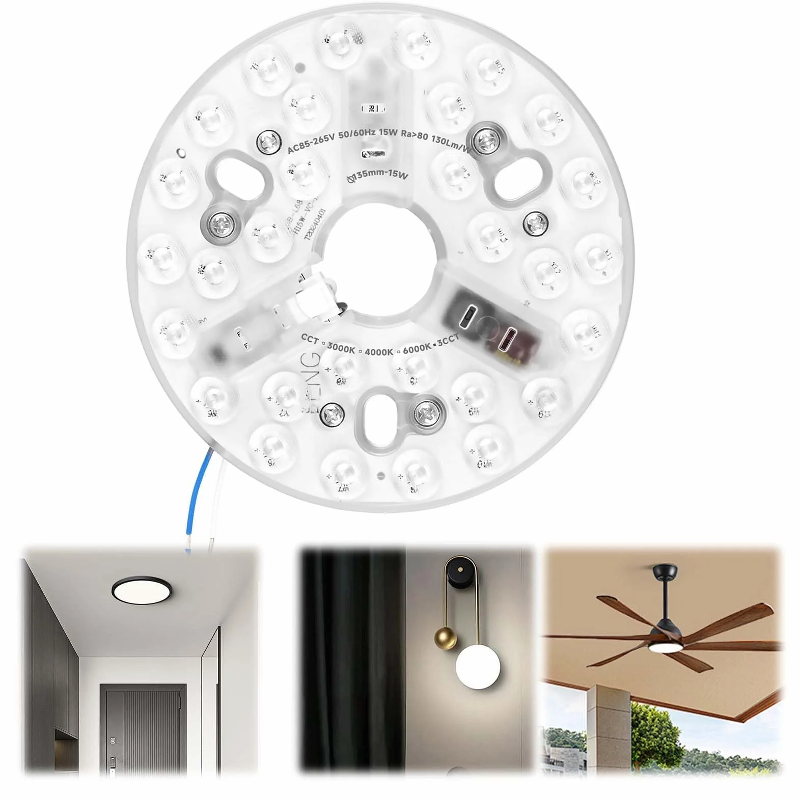 Kit Recambio Luz LED 15W 3000/4200/6500K 85-265V Ventilador Techo 5.3 Panel Redondo Base Aluminio