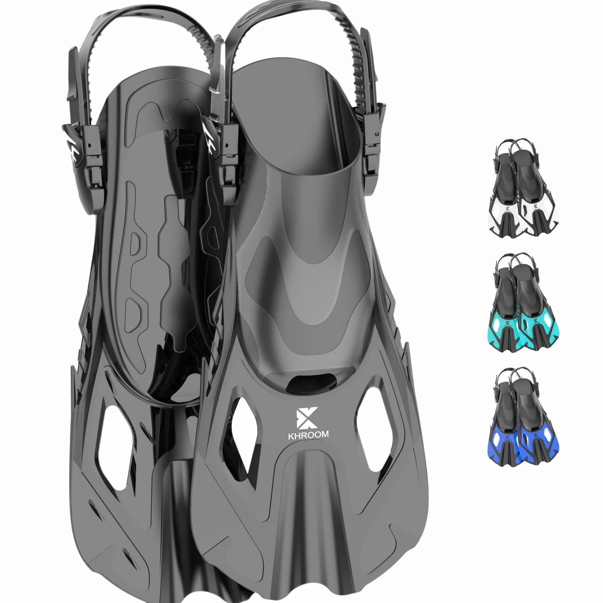 Khroom Aletas Cortas Adultos / niños Talla 32-47 | Aletas de Snorkel Ajustables | Aletas de Natación Cortas para Snorkel / Buceo Negro (42-47)
