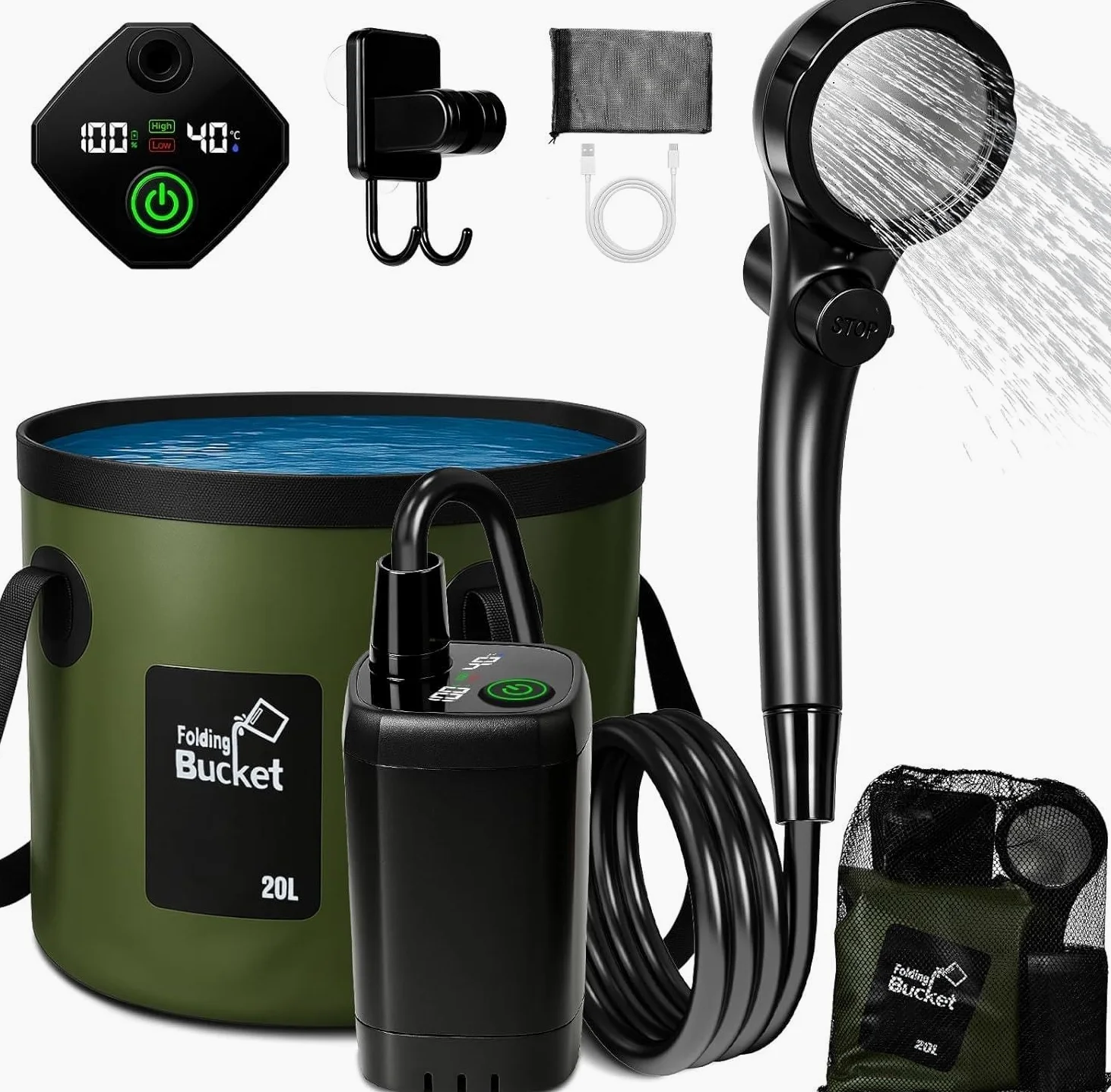 Goody King Ducha Portatil Camping con Bomba Batería 6000mAh – Kit Ducha Agua con Cubo Plegable 20L, Cabezal 3 Modos, Manguera 2m, IPX7, Carga USB-C – Ducha Camper Furgoneta Exterior Perro Jardín