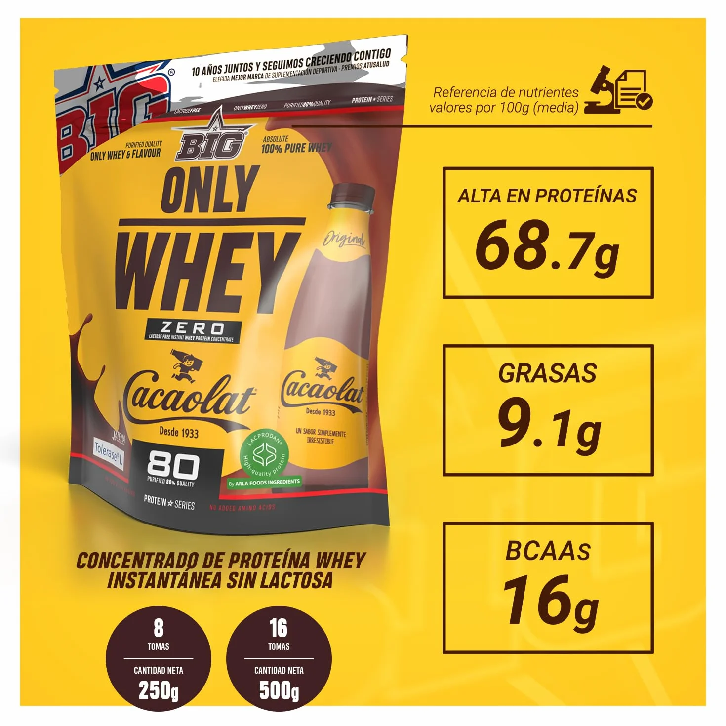 BIG Whey Protein 500g Cacaolat Sin Lactosa Sin Azúcar Proteina en Polvo