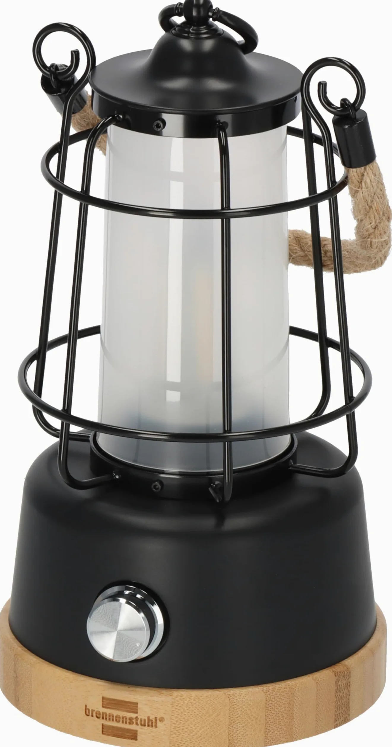 Brennenstuhl linterna camping recargable/lámpara de camping CAL 1 con cuerda de cáñamo y base de bambú (350lm, IP44, hasta 75h de iluminación, luz regulable, power bank)