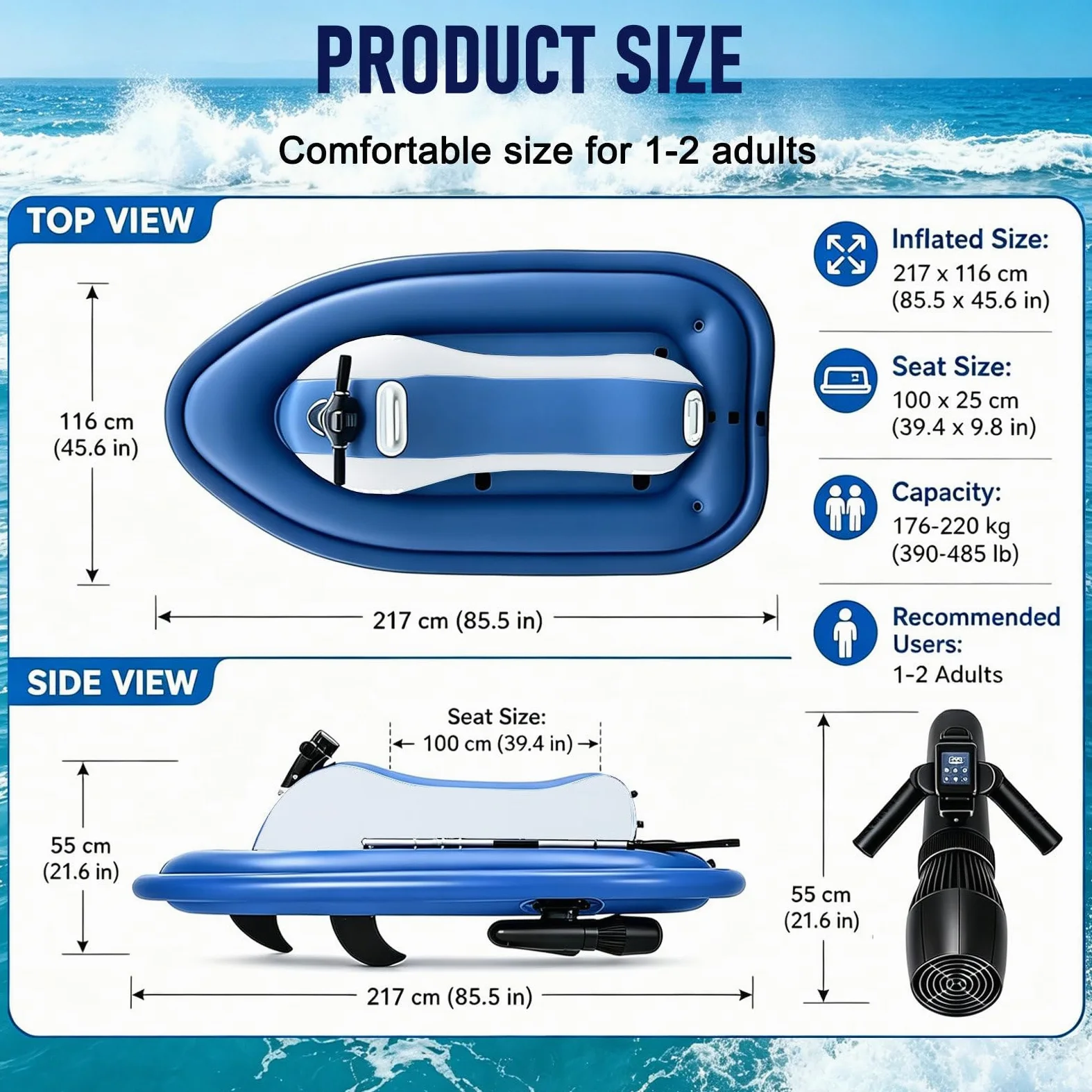 Bote Inflable Motorizado para 2 Personas – Capacidad de 220 Kg | Control de 9 Velocidades (máx. 7 Km/h) | Autonomía de 130 Minutos | para Piscinas, Lagos y Mar 10000mAh