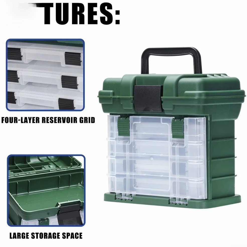 Caja de aparejos de pesca de polipropileno con diseño impermeable sistema de múltiples cajones y asa de transporte ergonómica para uso en exteriores (verde)