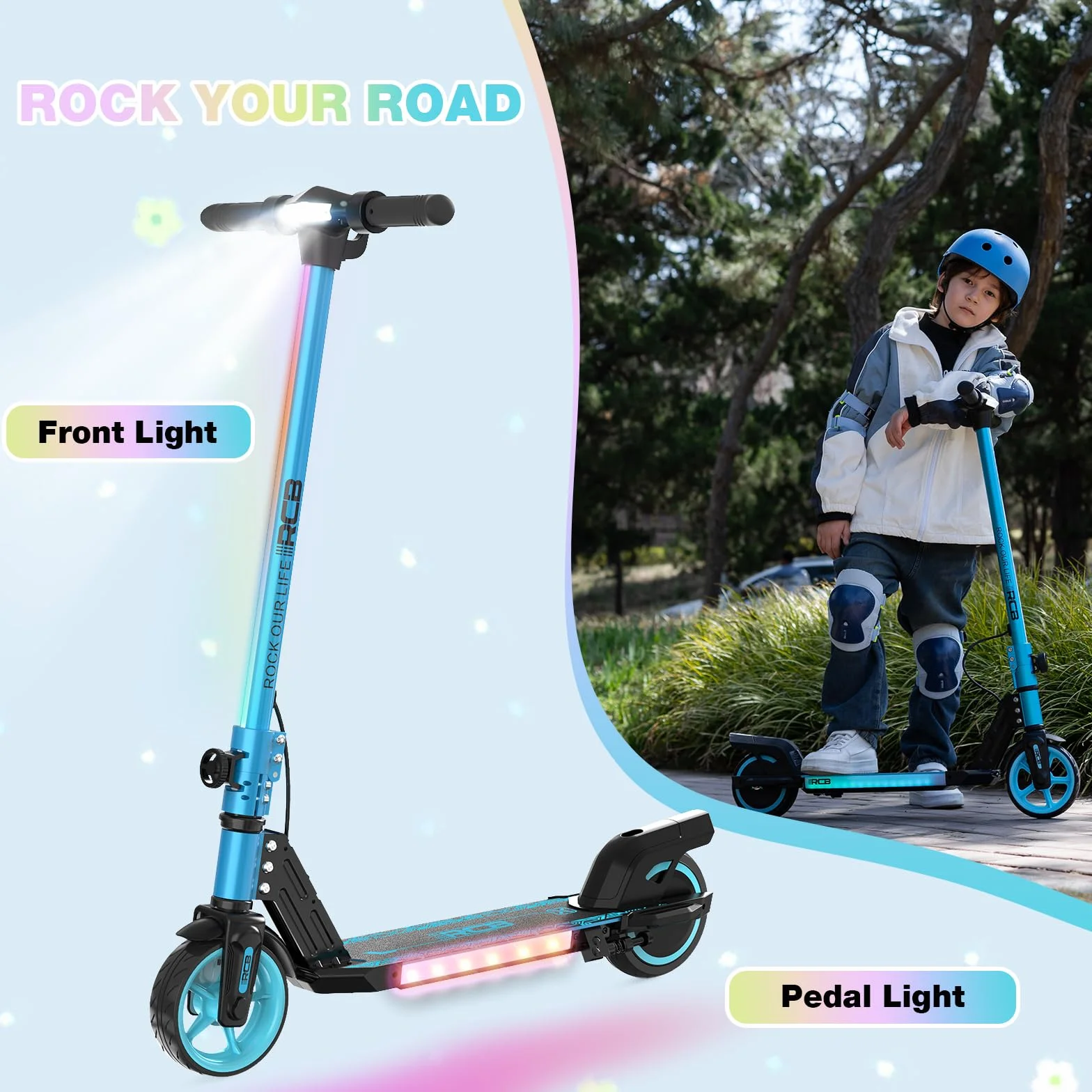 RCB R12 Patinete Eléctrico Niños para 6-12 años, hasta 15 km/h y 10 km, 6.5" Plegable Patinete Eléctrico,Luces de Arco Iris, Dos Tipos Frenos, Pantalla LED, Regalos para Niños