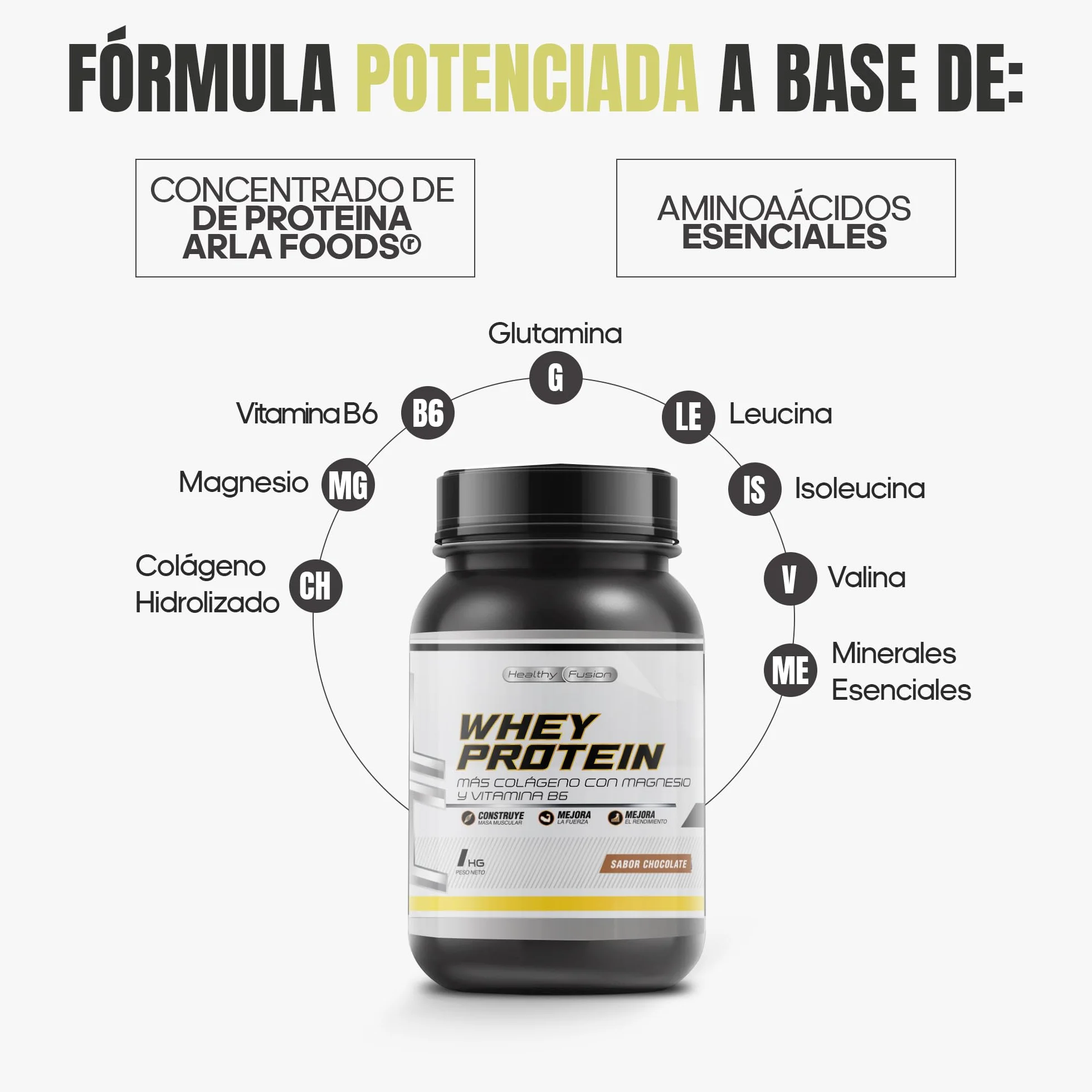 Whey Protein 1KG Polvo Chocolate 43g Proteína BCAA Glutamina Colágeno Magnesio Vitamina B6
