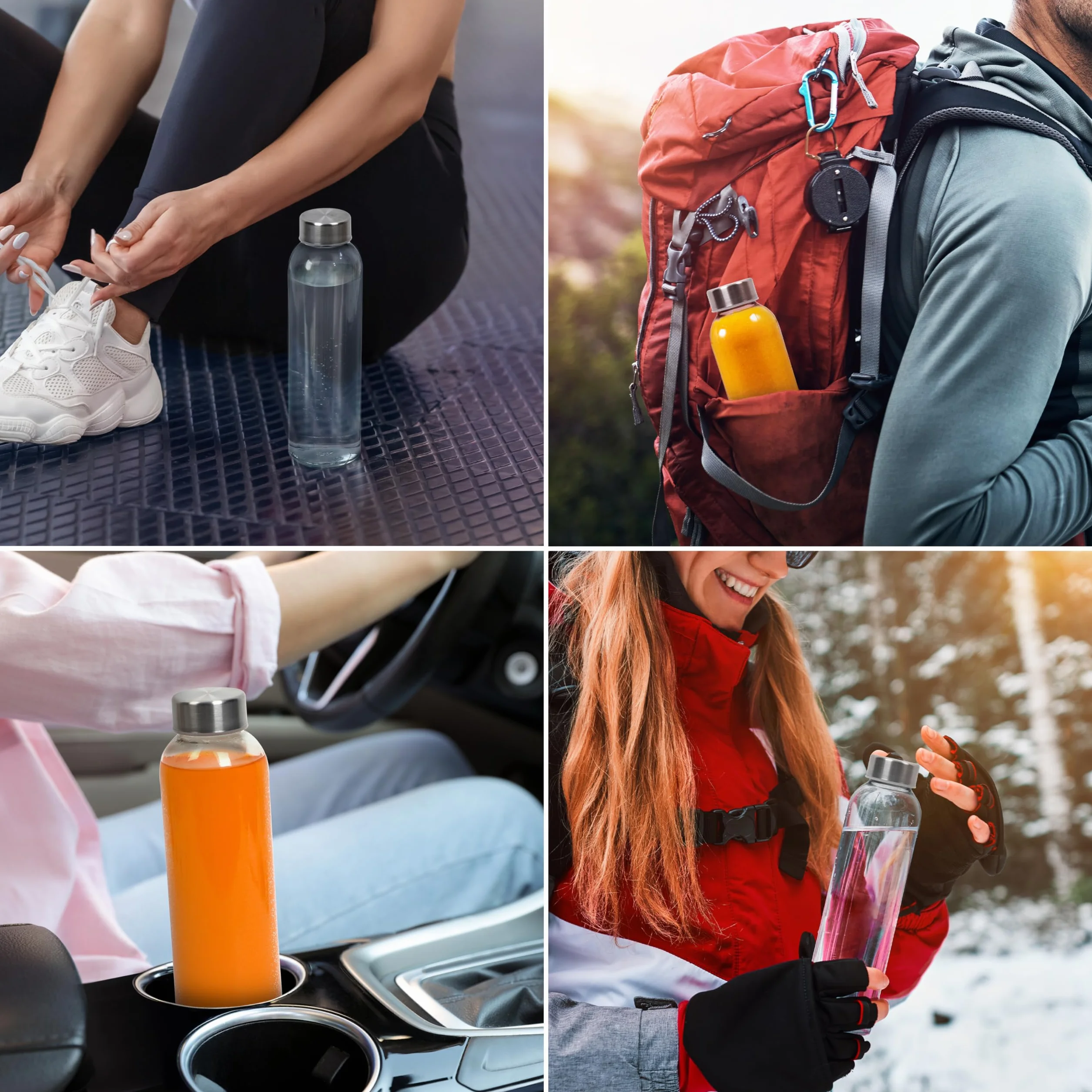 Winter Shore Botellas Cristal Reutilizable de 500 ml [Pack de 6] - Botella Vidrio Transparente para Bebidas Frías y Calientes, Zumos, Batidos, Smoothie - Prueba de Fugas con Tapas de Acero Inoxidable