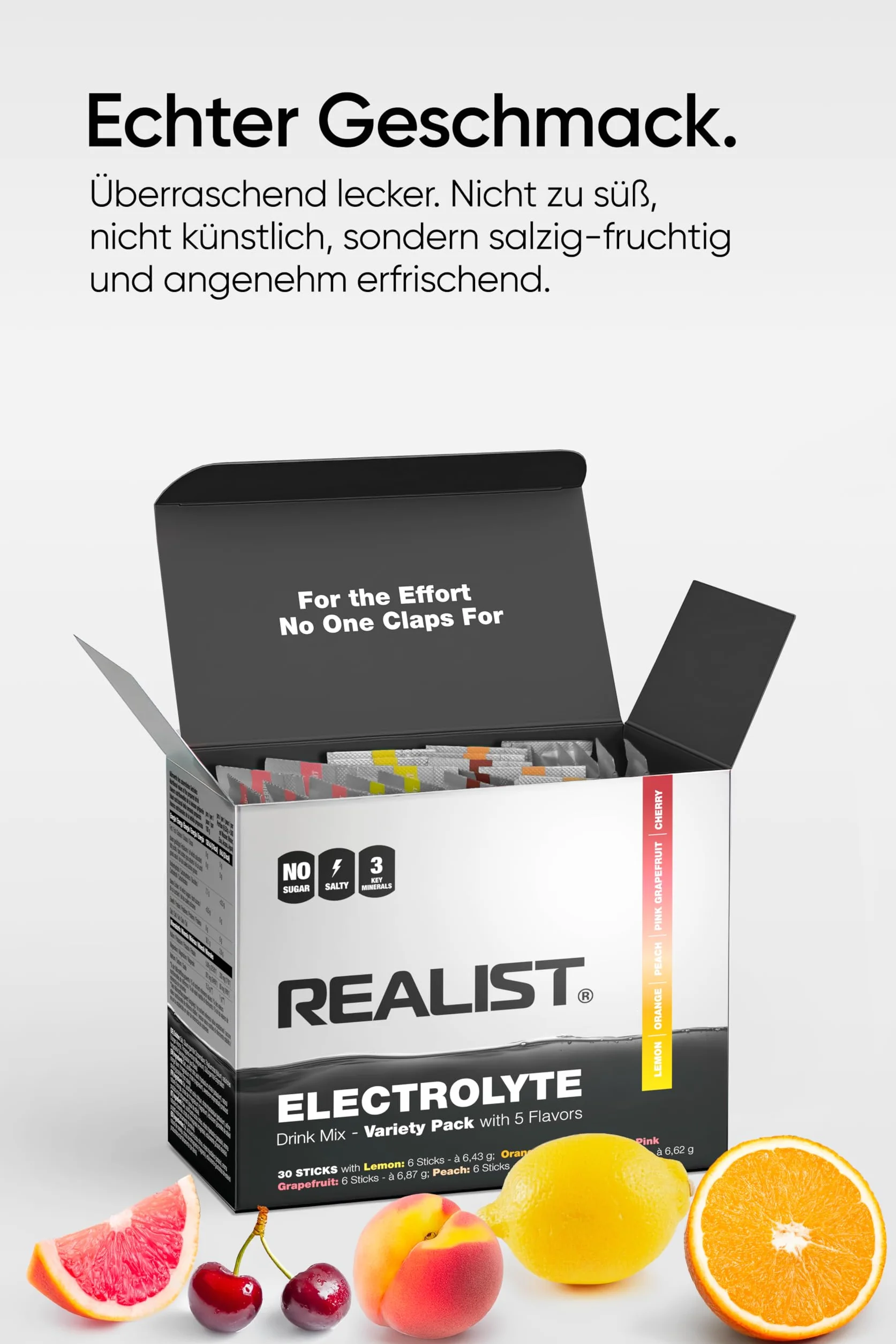 REALIST Electrolitos sin azúcar – Polvo electrolito con 1000 mg sodio, 330 mg potasio, 60 mg magnesio – Hidratación Rápida – Deportes, KETO, ayuno (30 sobres)